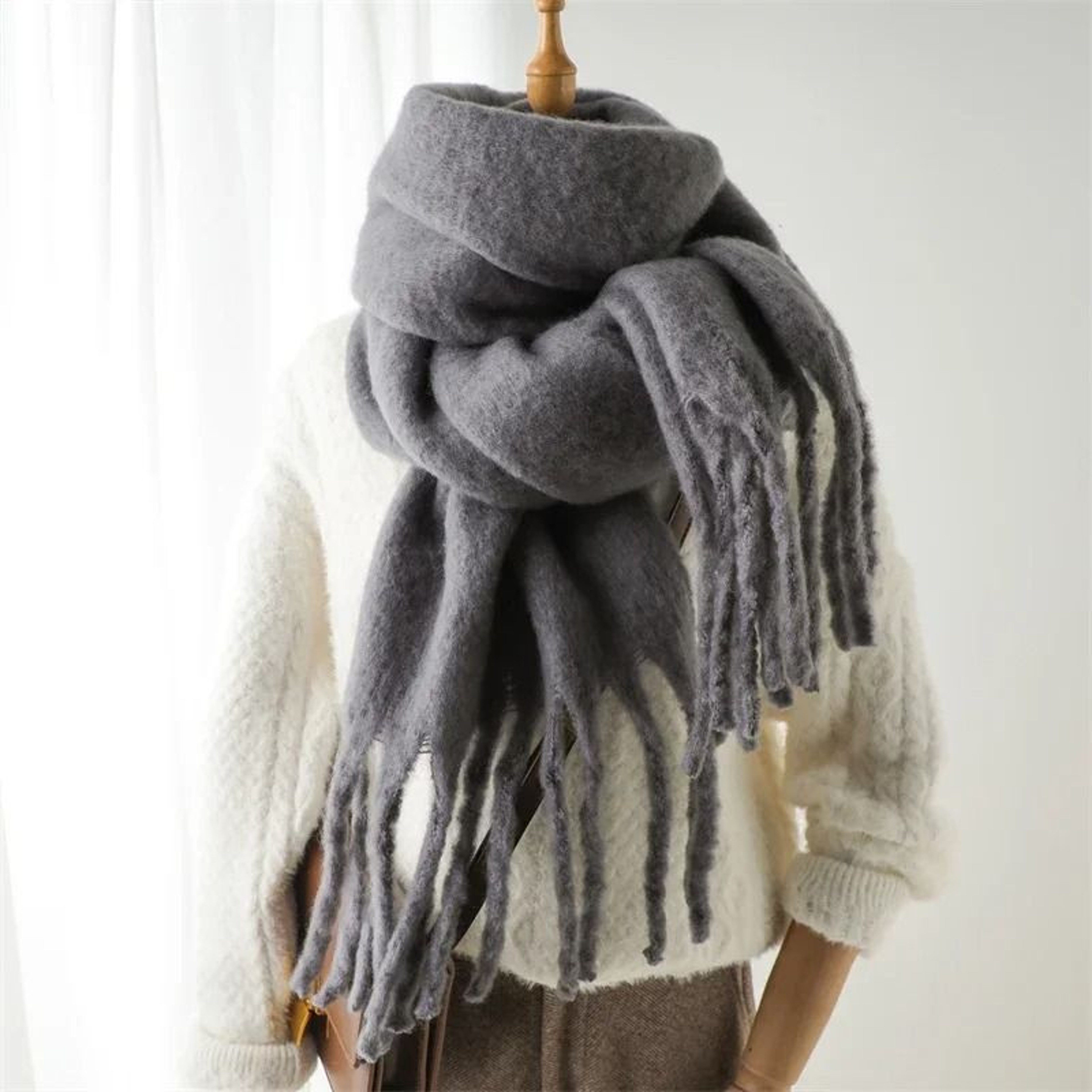 Luxury Winter CashmereFeel Scarf  Extra Long Solid Pashmina Wrap  Thick Tassel Shawl 9