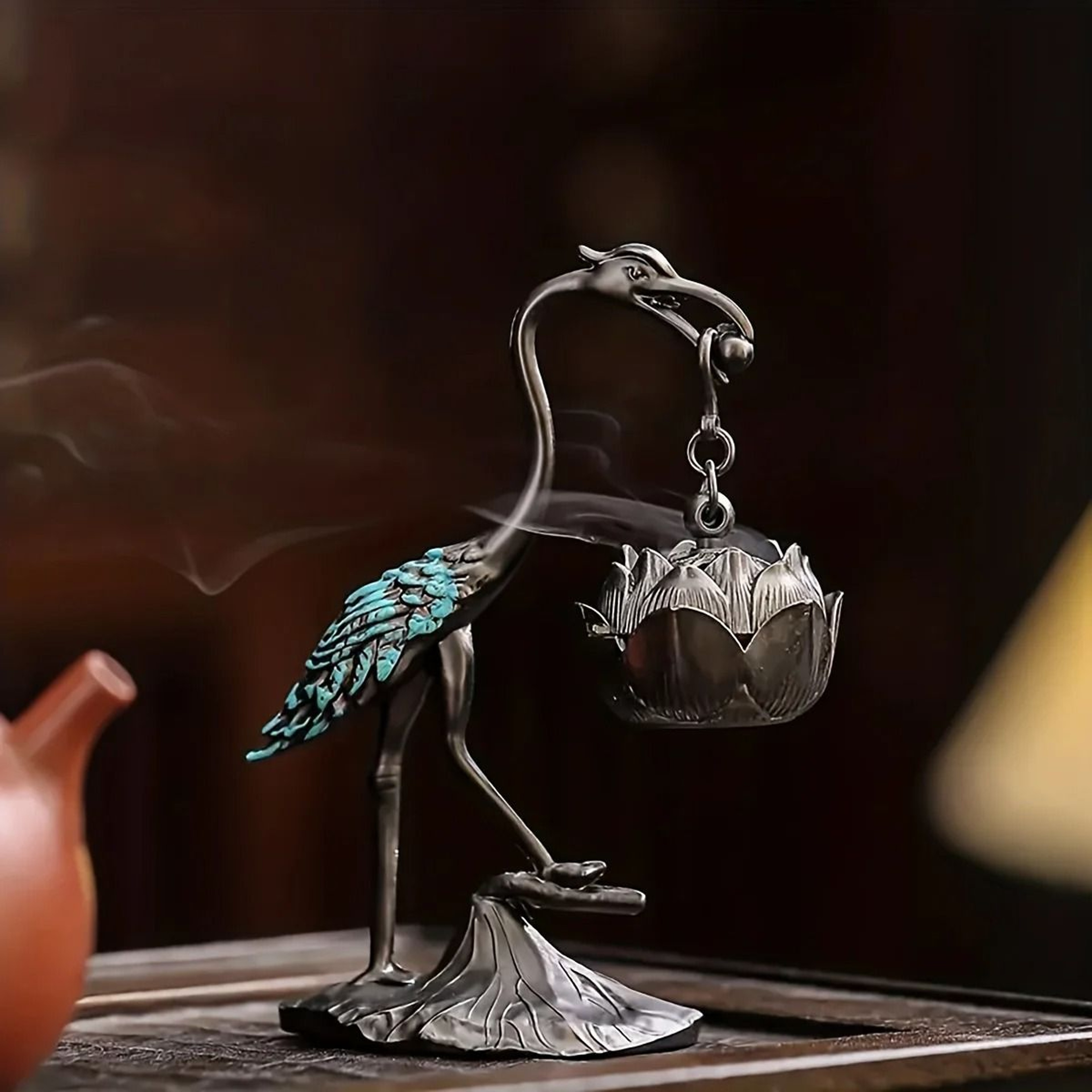 Vintage Crane And Lotus Incense Burner  Brass Aesthetic Line Incense Holder 4