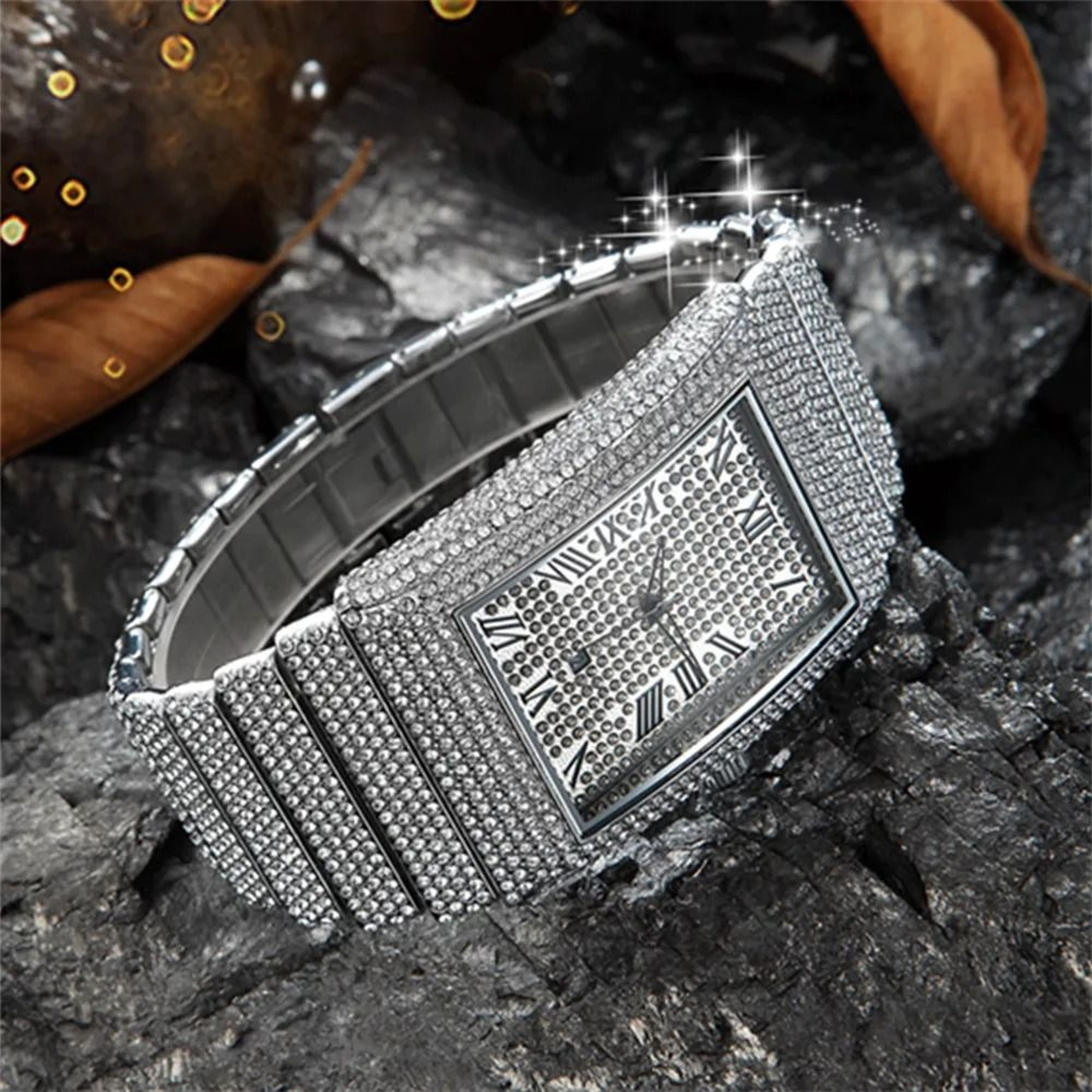 Luxury IcedOut Rectangular Executive Watch  HipHop Diamond Date Quartz Timepiece In Lustrous Gold 3