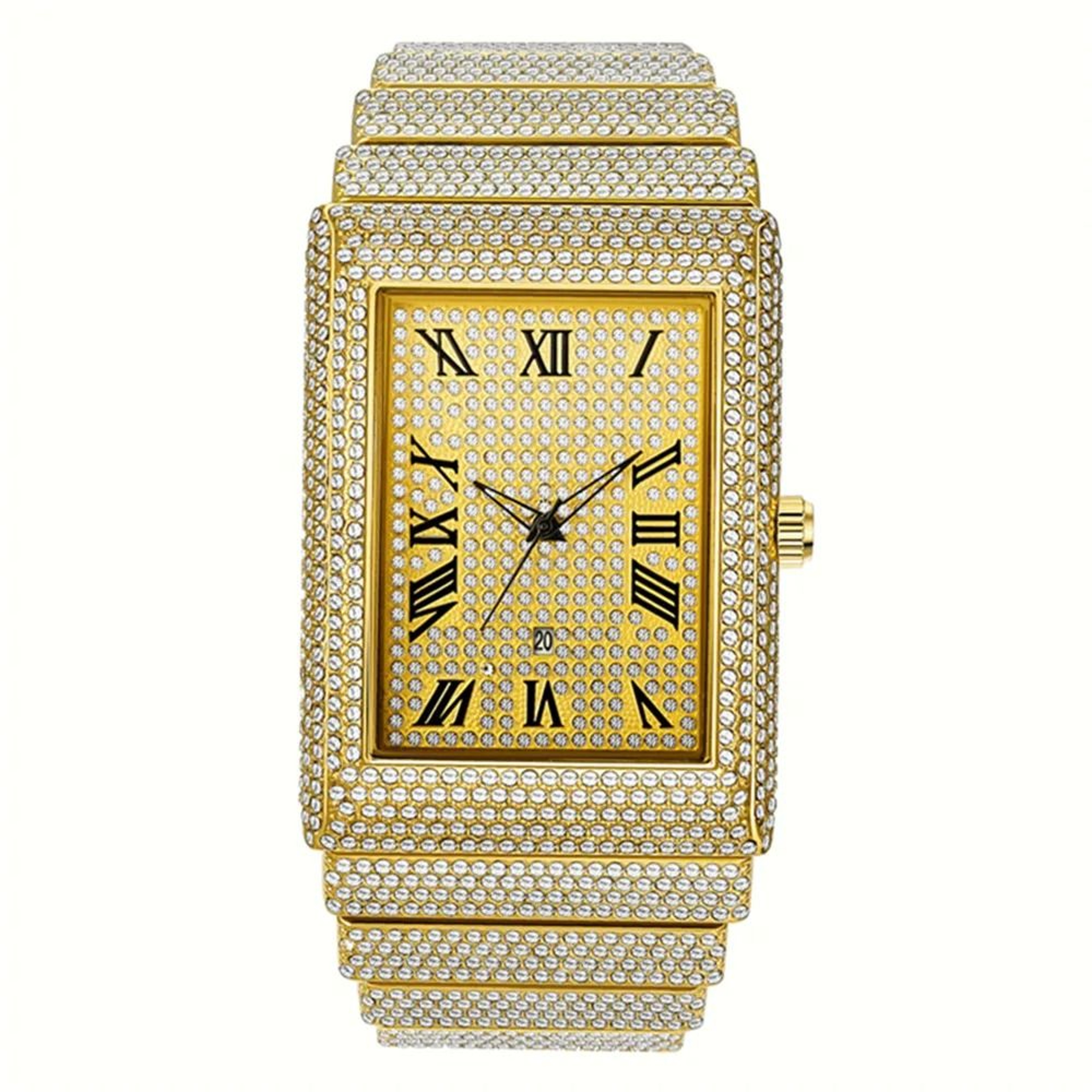 Luxury IcedOut Rectangular Executive Watch  HipHop Diamond Date Quartz Timepiece In Lustrous Gold 8
