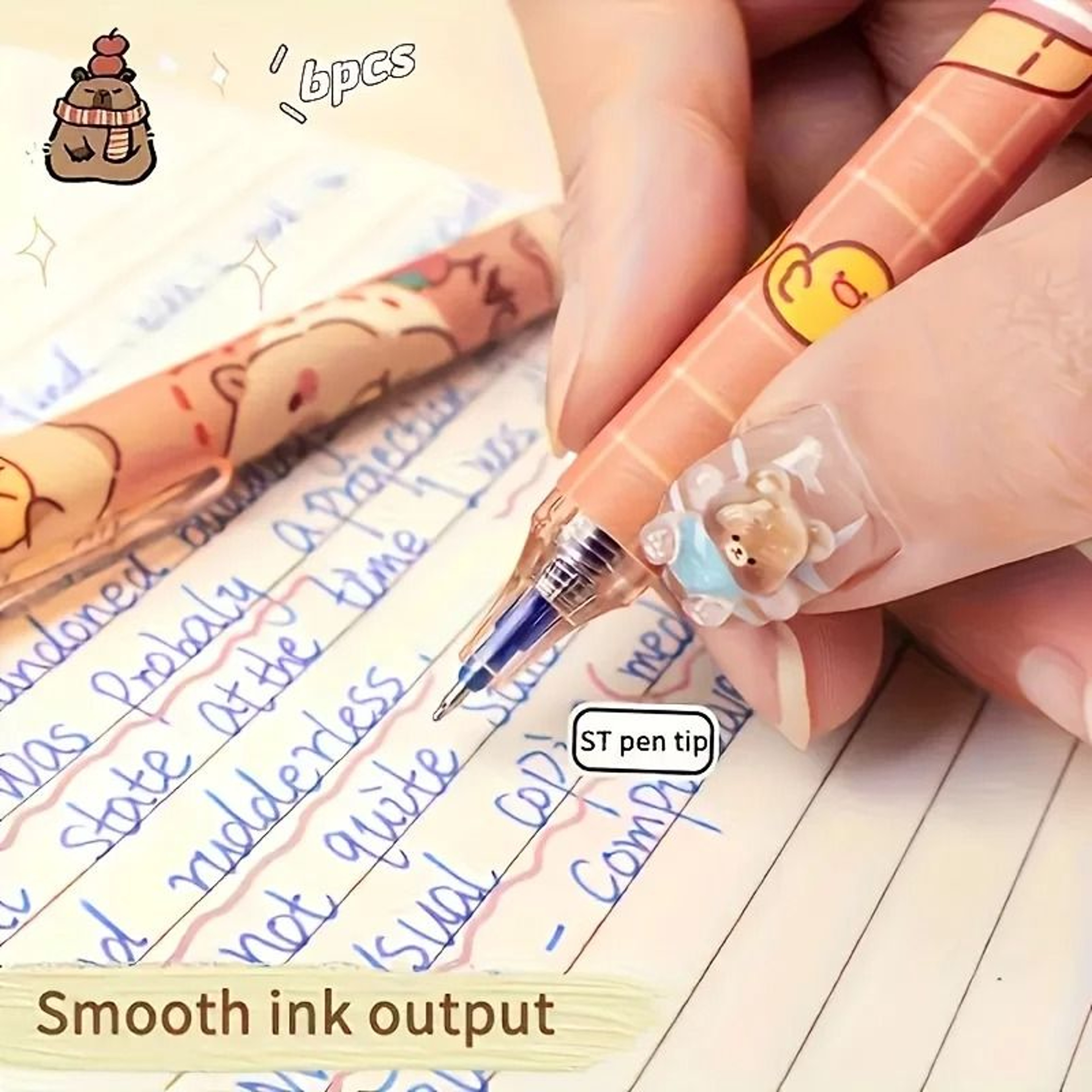 6Piece Cute Capybara Erasable Gel Pen Set  05mm Retractable Blue Ink For Effortless Writing  Editin 4