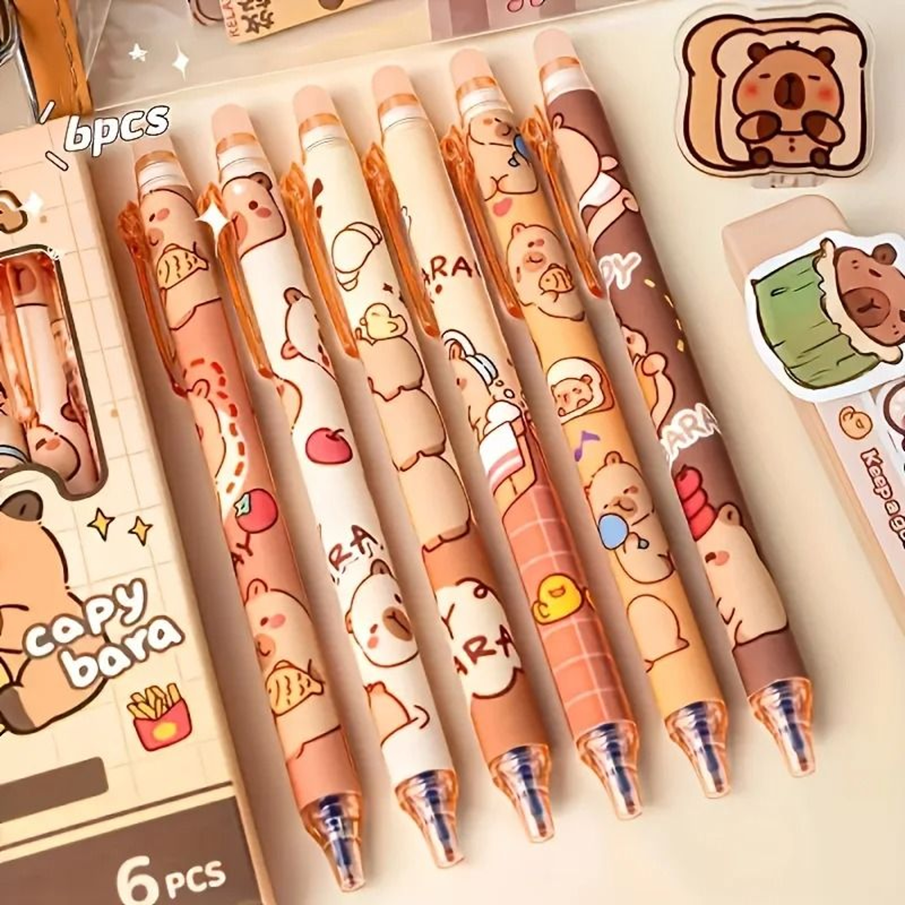 6Piece Cute Capybara Erasable Gel Pen Set  05mm Retractable Blue Ink For Effortless Writing  Editin 5