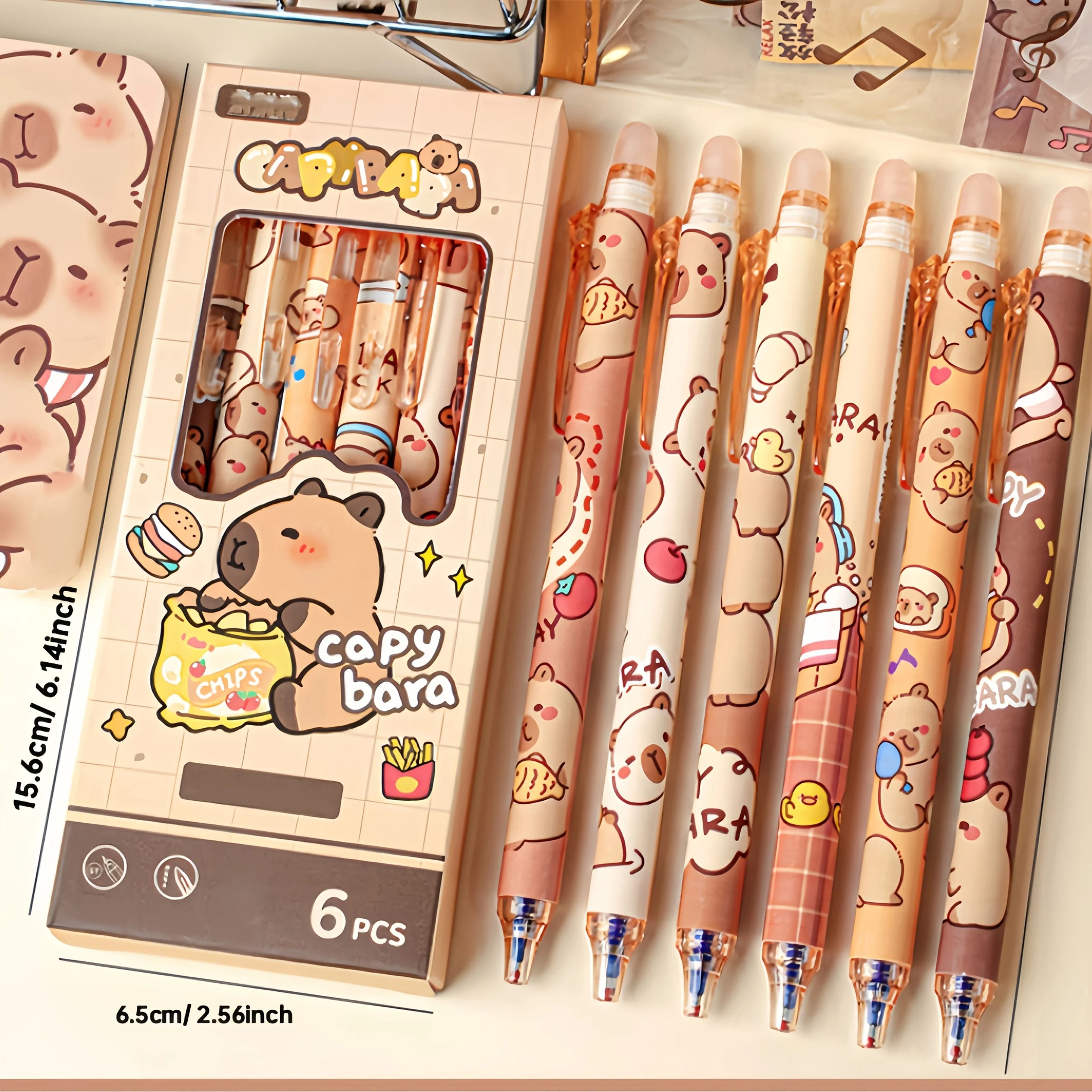 6Piece Cute Capybara Erasable Gel Pen Set  05mm Retractable Blue Ink For Effortless Writing  Editin 6