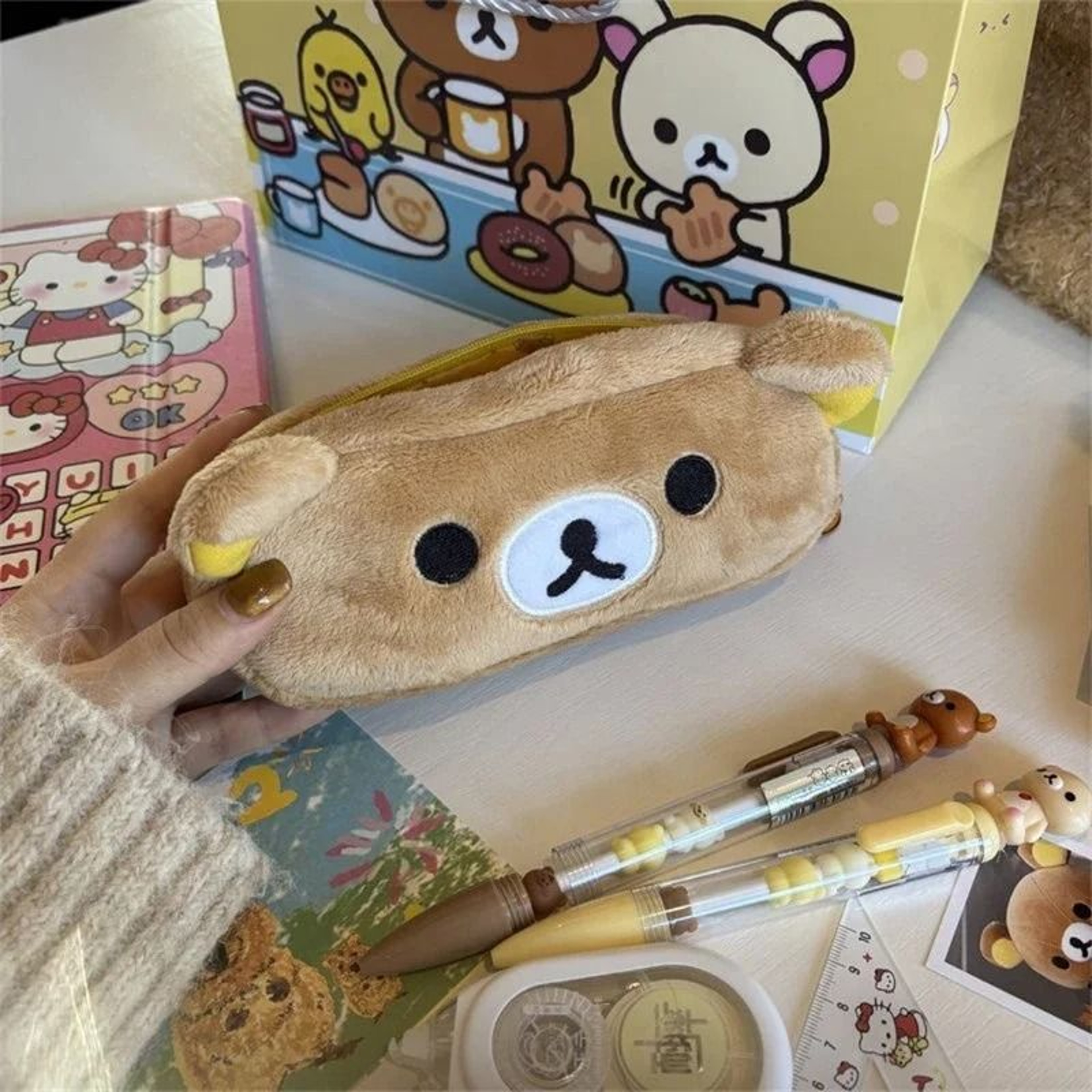 Kawaii Rilakkuma Plush Pencil Case  Cute Cartoon Bear Organizer  INSHot Aesthetic Pen Bag For Schoo 5