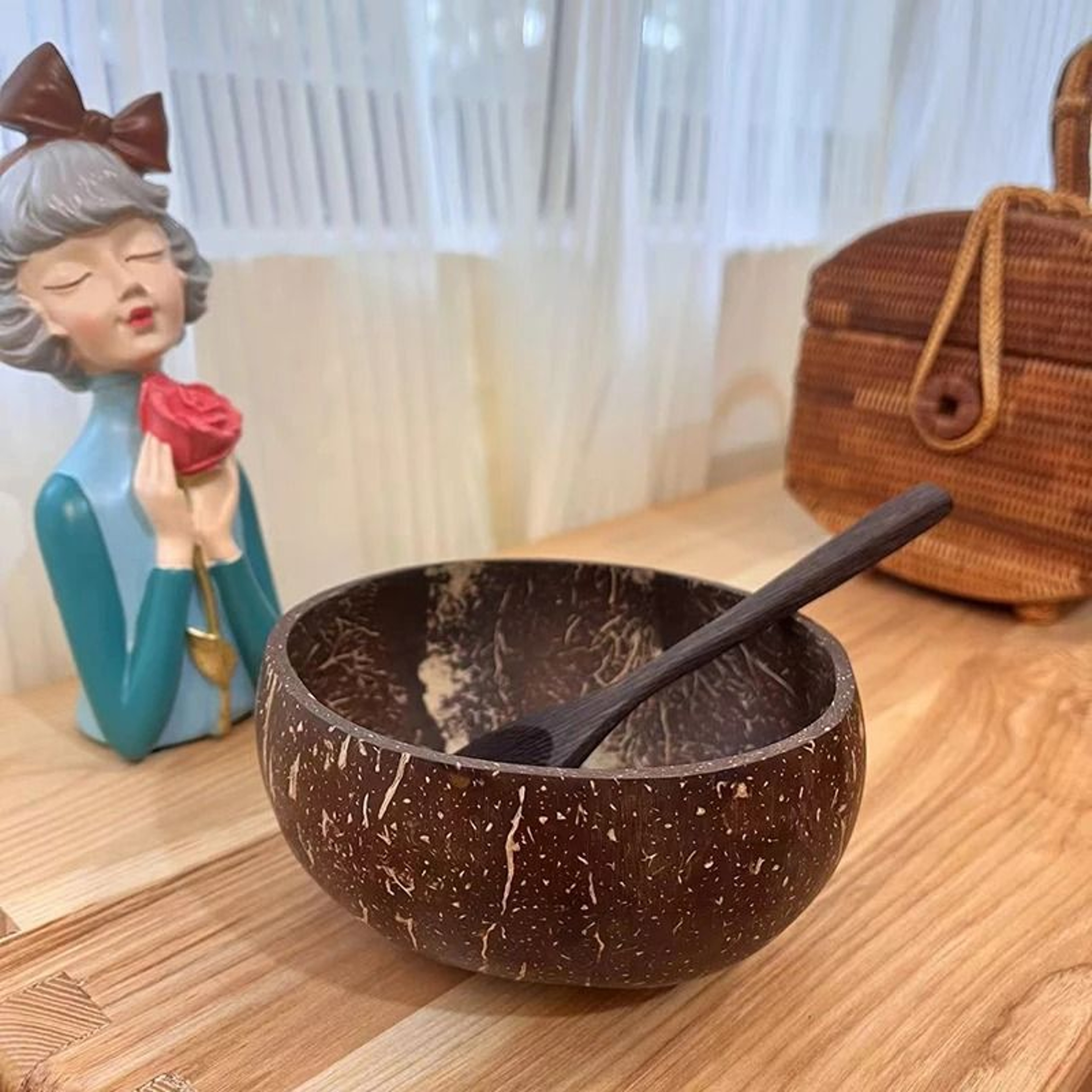 Natural Coconut Bowl Set  Handcrafted EcoFriendly Tableware  Spoon Set 3