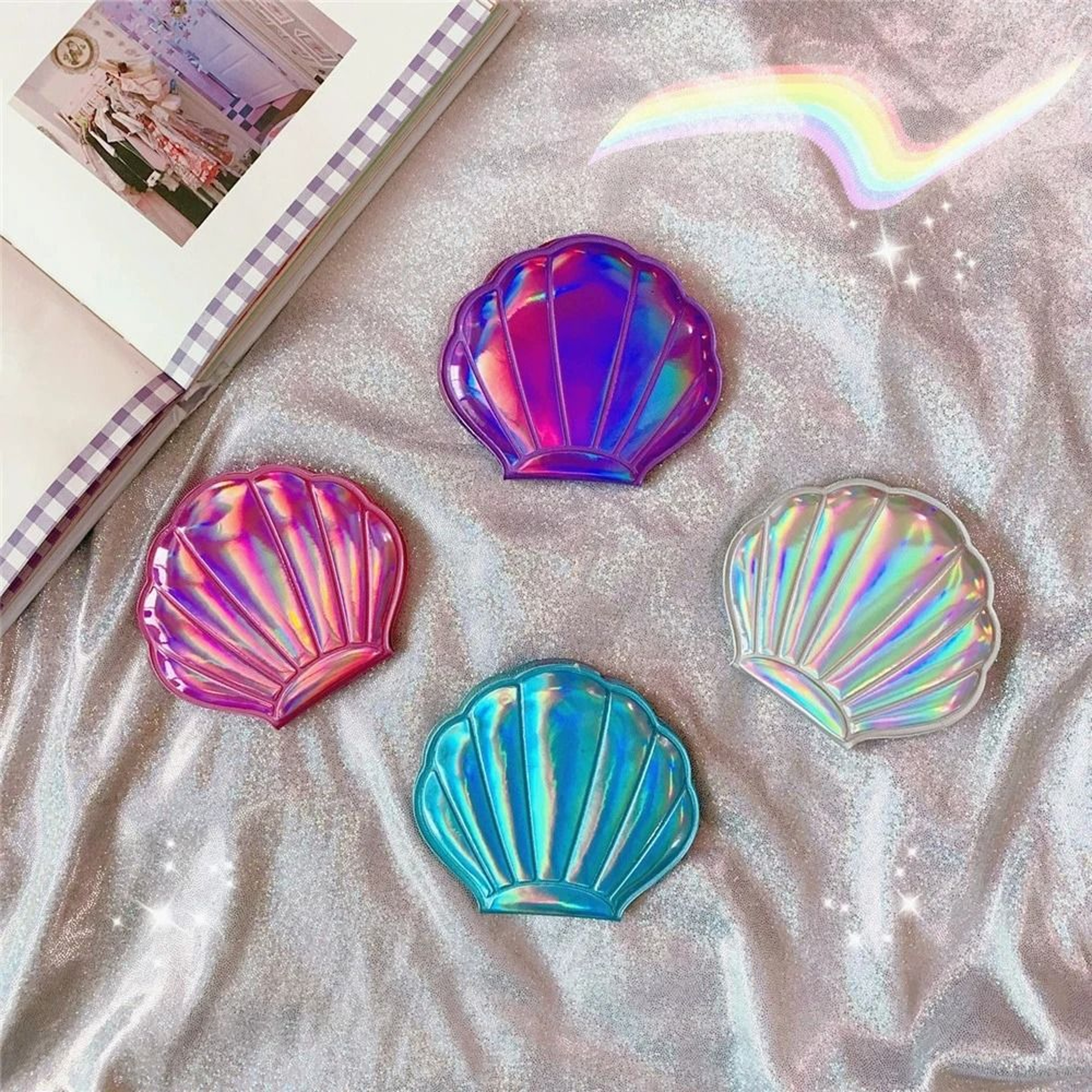 Iridescent ShellShaped Compact Mirror  DualSided 2X Magnifying Travel Tool 2