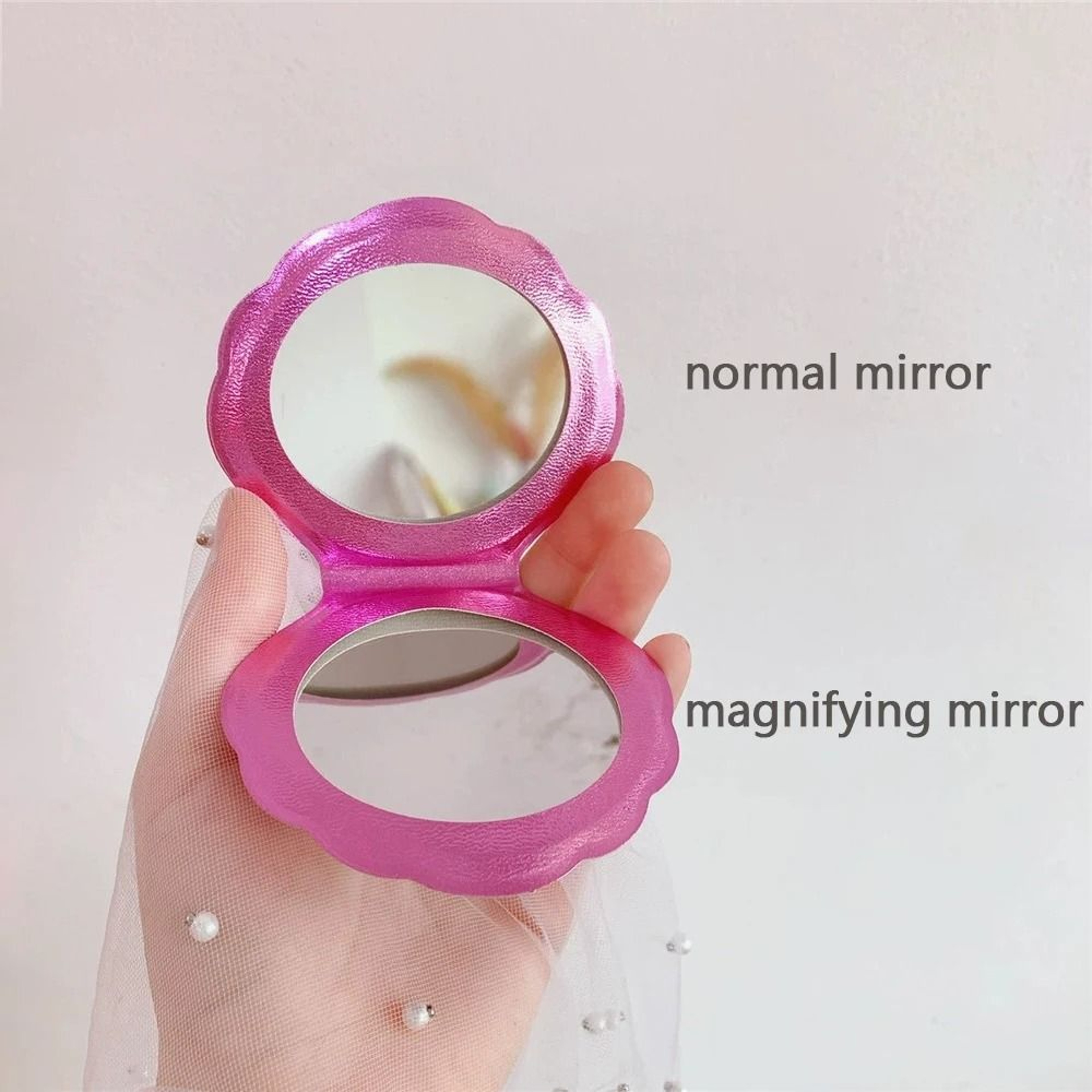 Iridescent ShellShaped Compact Mirror  DualSided 2X Magnifying Travel Tool 3