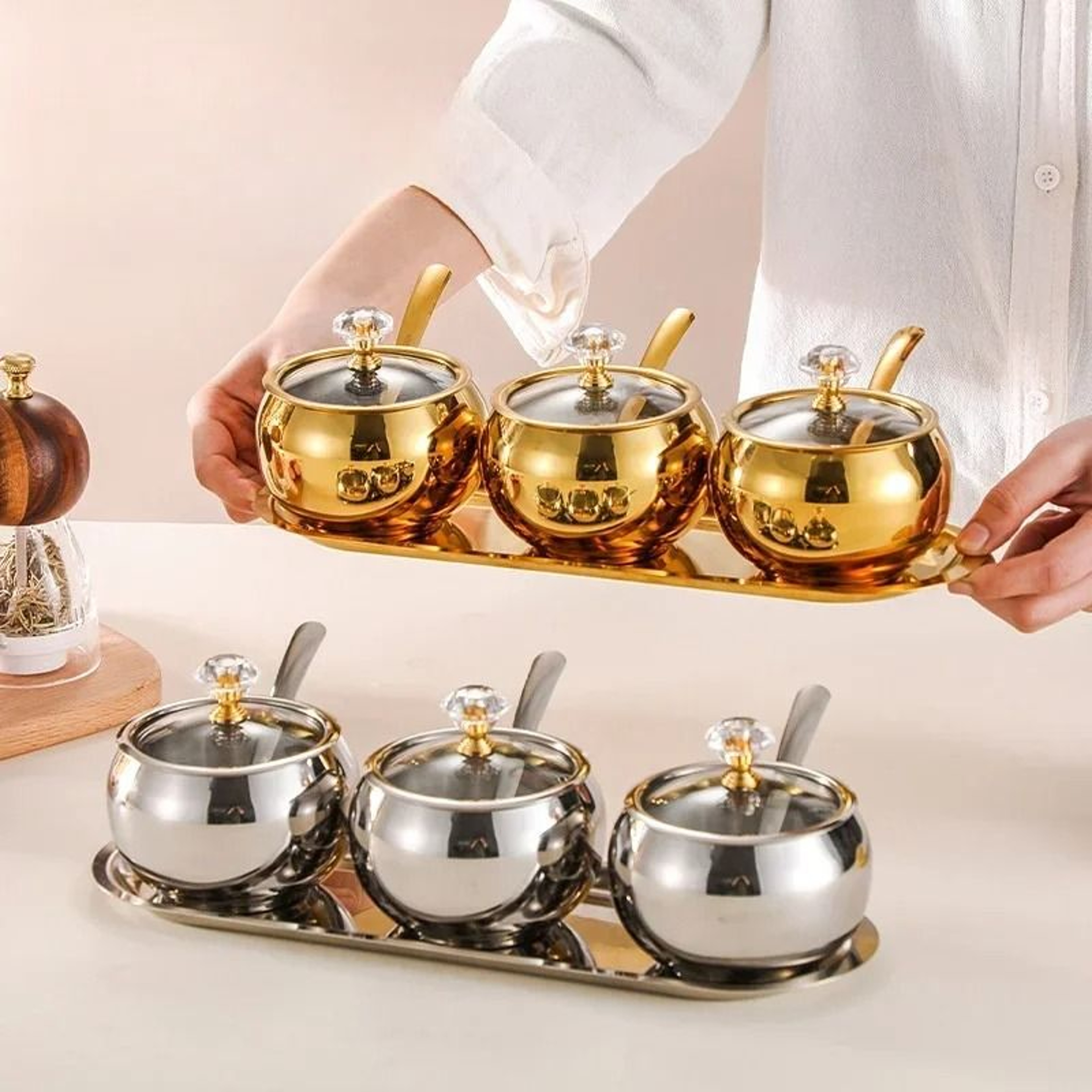 Gold  Silver Stainless Steel Luxury Condiment Set 4