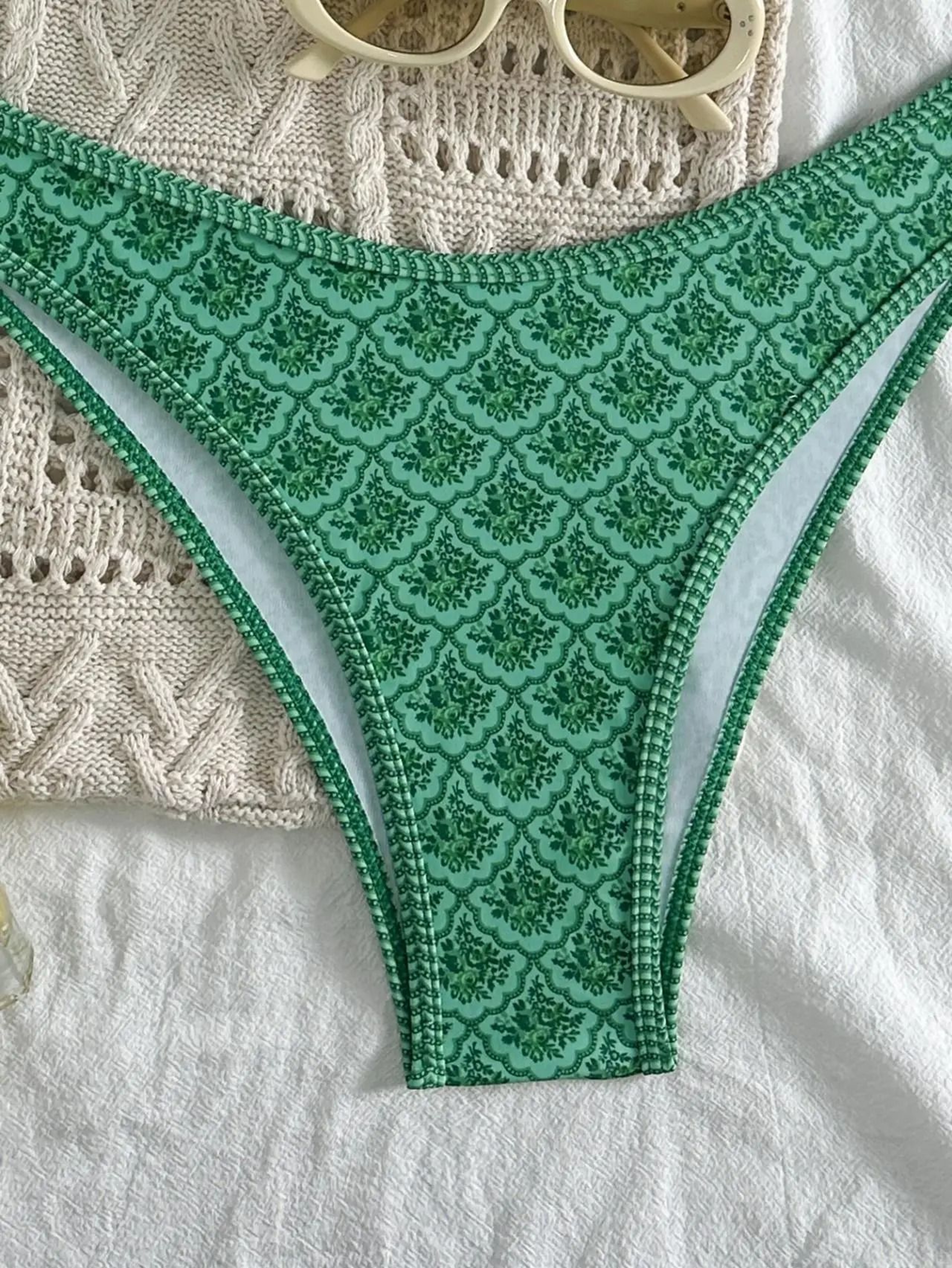 Green Floral Pleated Bandeau Bikini  PushUp Padded Thong Swimwear 3