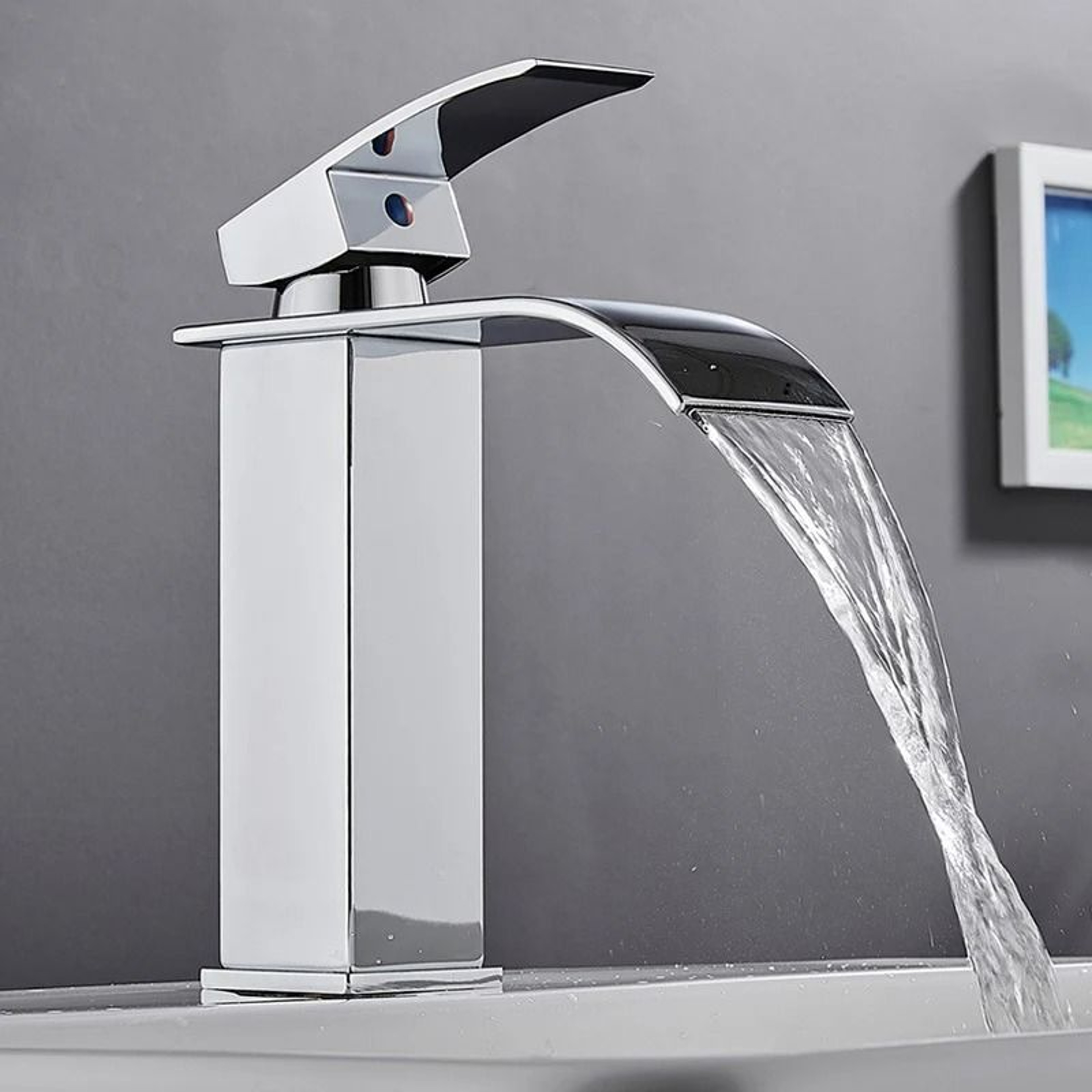 Luxury Waterfall Basin Mixer  Hot  Cold DualControl Square Waterfall Faucet 0