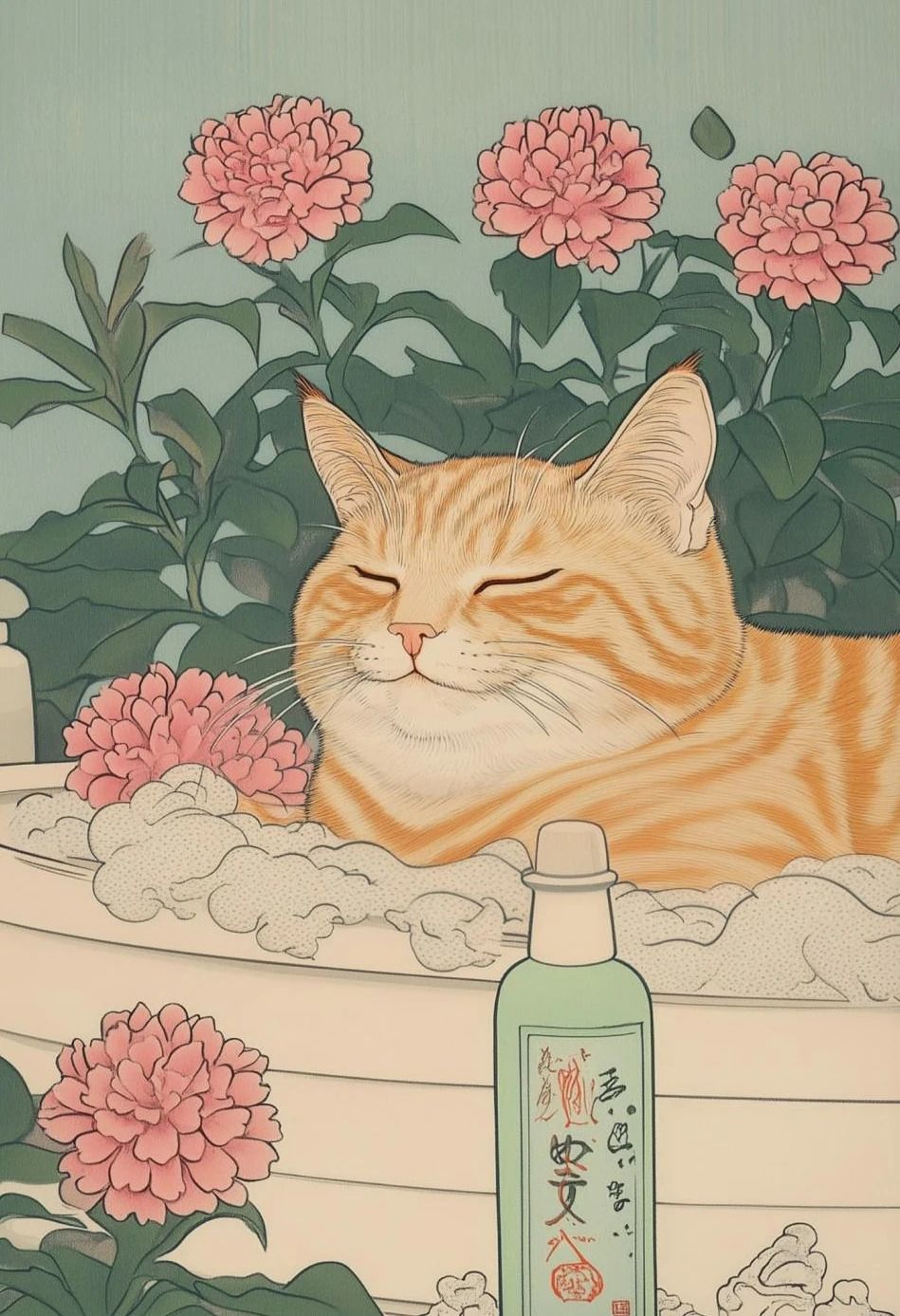 Japanese Tabby Cat In Bathtub  Retro Aesthetic Japandi Canvas Art 9