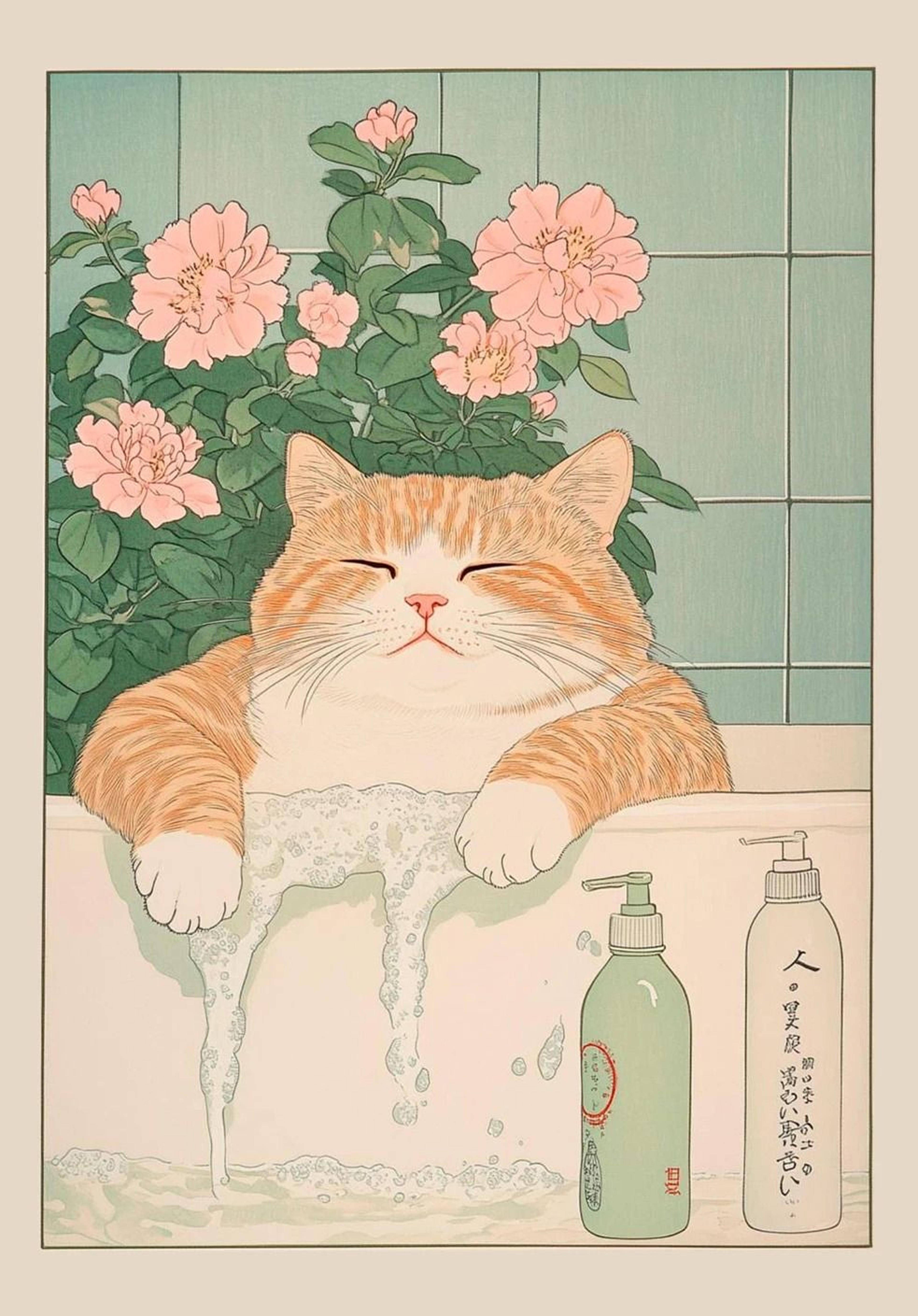 Japanese Tabby Cat In Bathtub  Retro Aesthetic Japandi Canvas Art 17
