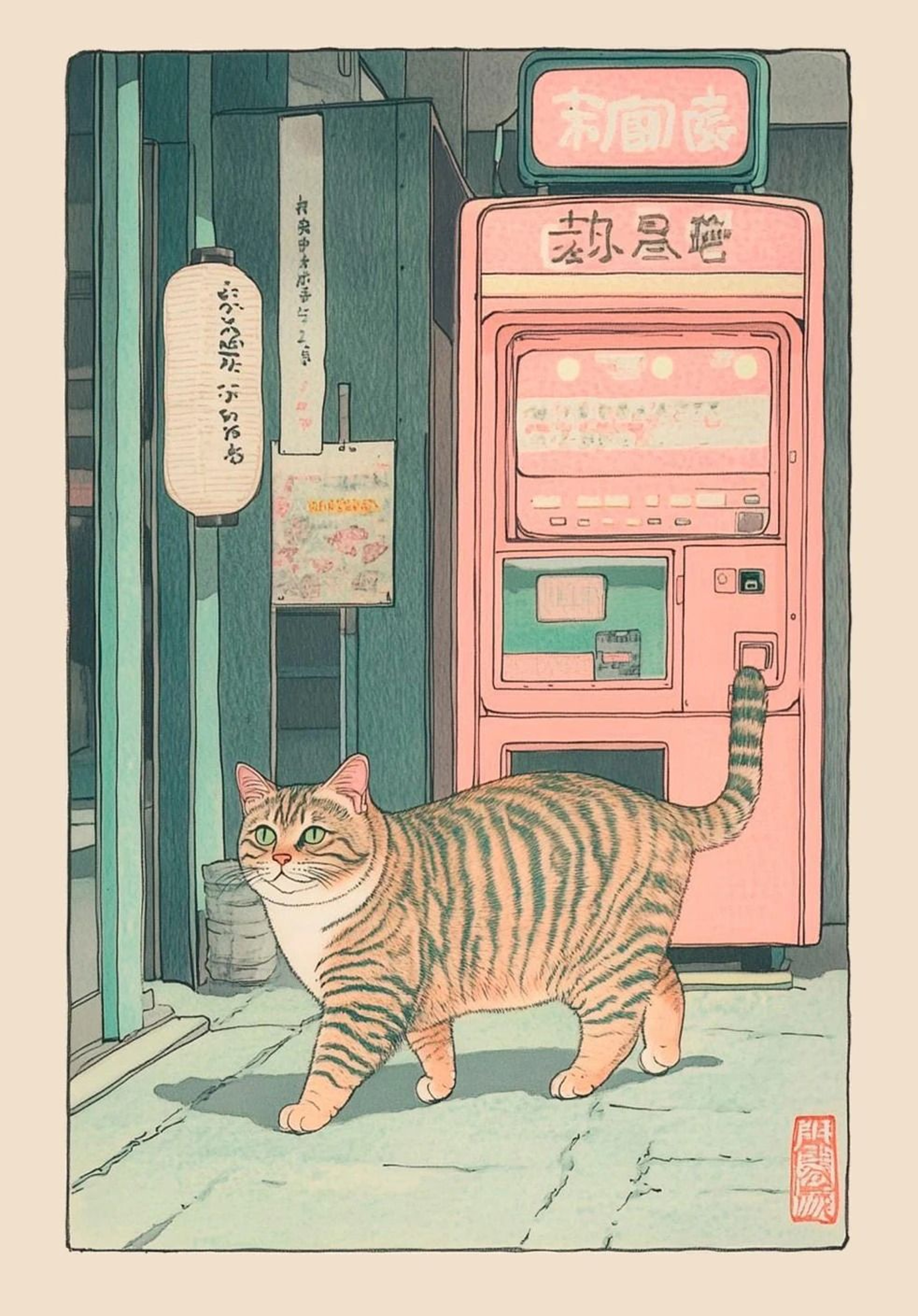 Japanese Tabby Cat In Bathtub  Retro Aesthetic Japandi Canvas Art 18
