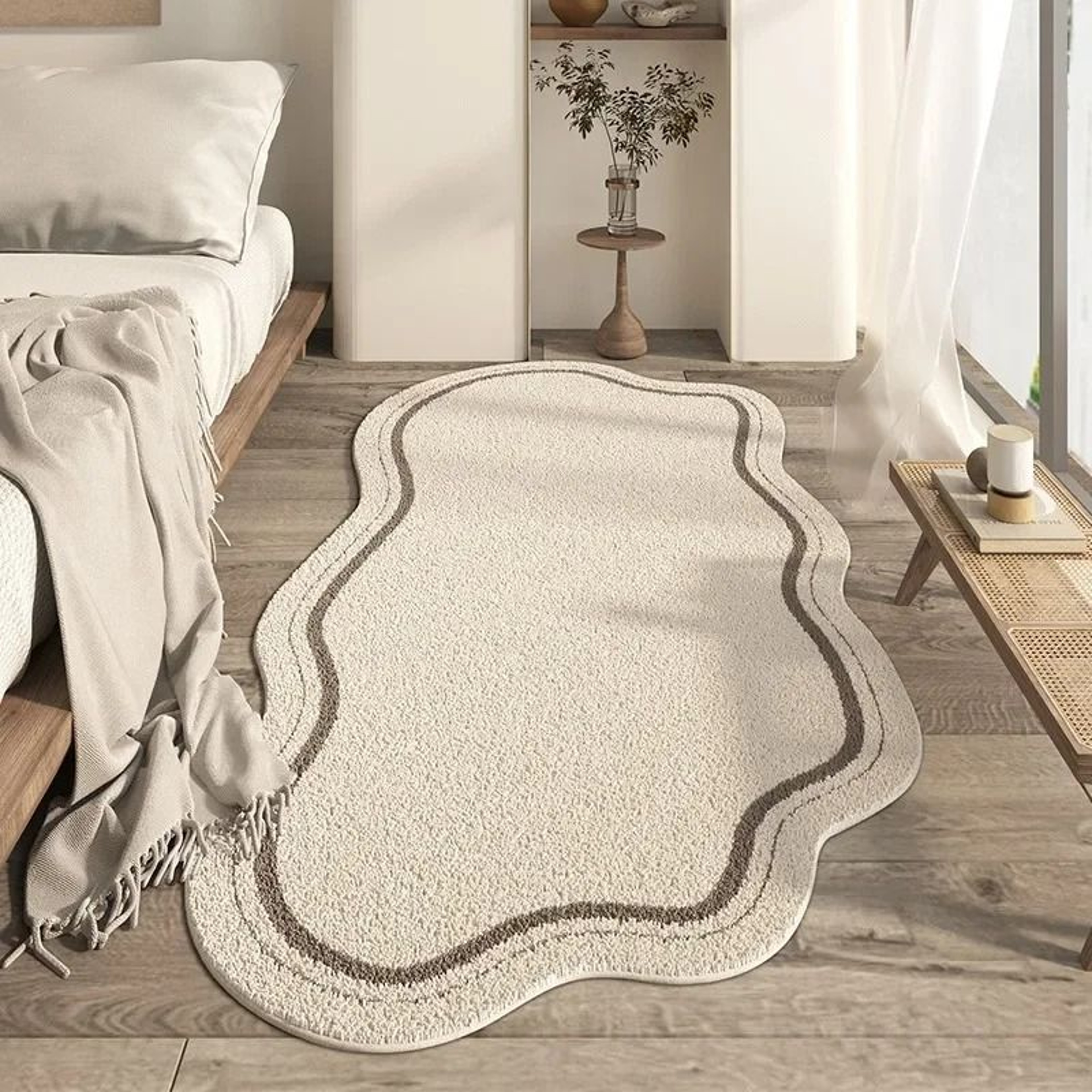 Cream Style Irregular Rug  Minimalist Soft Bedroom Carpet  NonSlip Lounge Floor Mat 7
