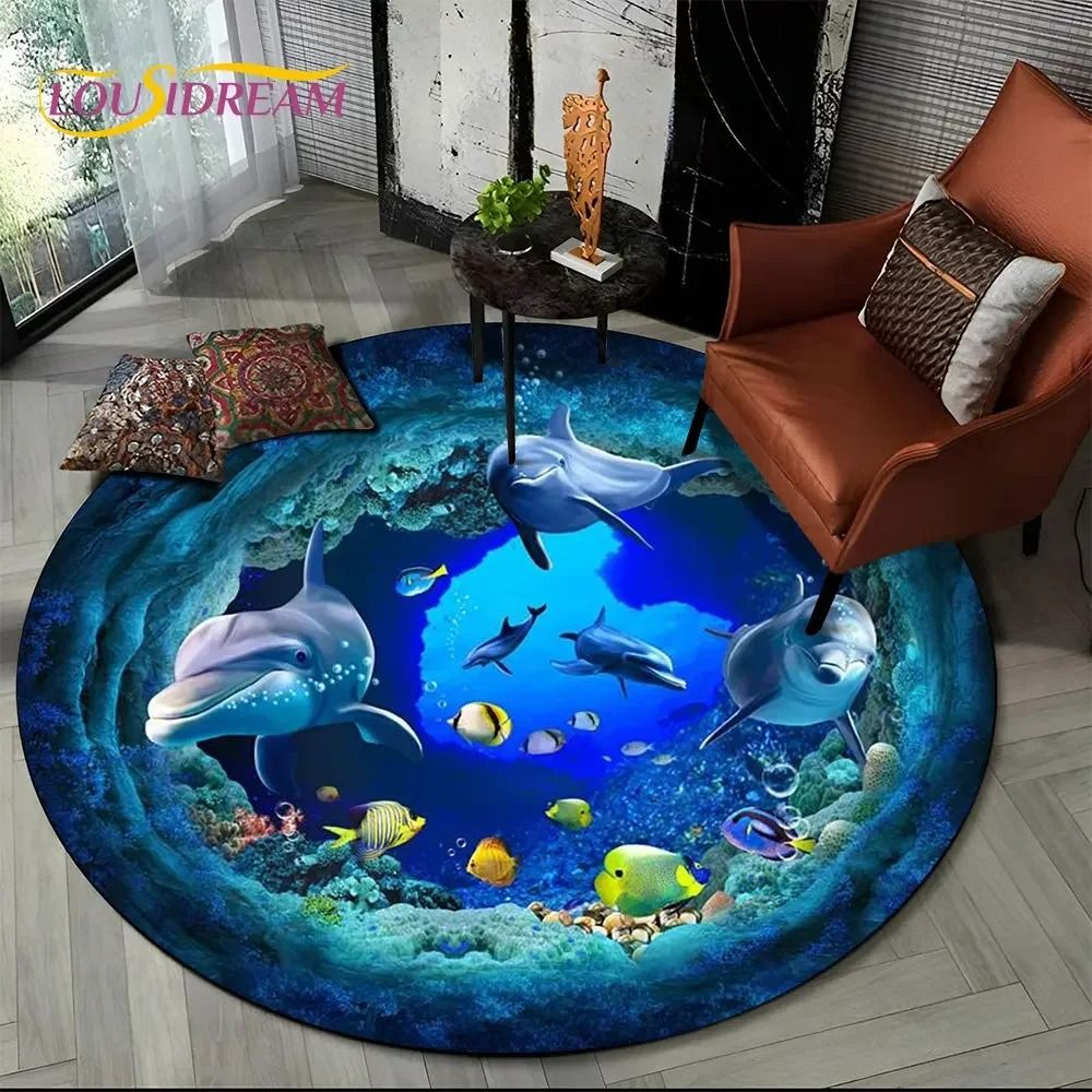3D Seabed Illusion Dolphin Rug  Underwater World Round Area Carpet For Living Room Bedroom  Playroo 4