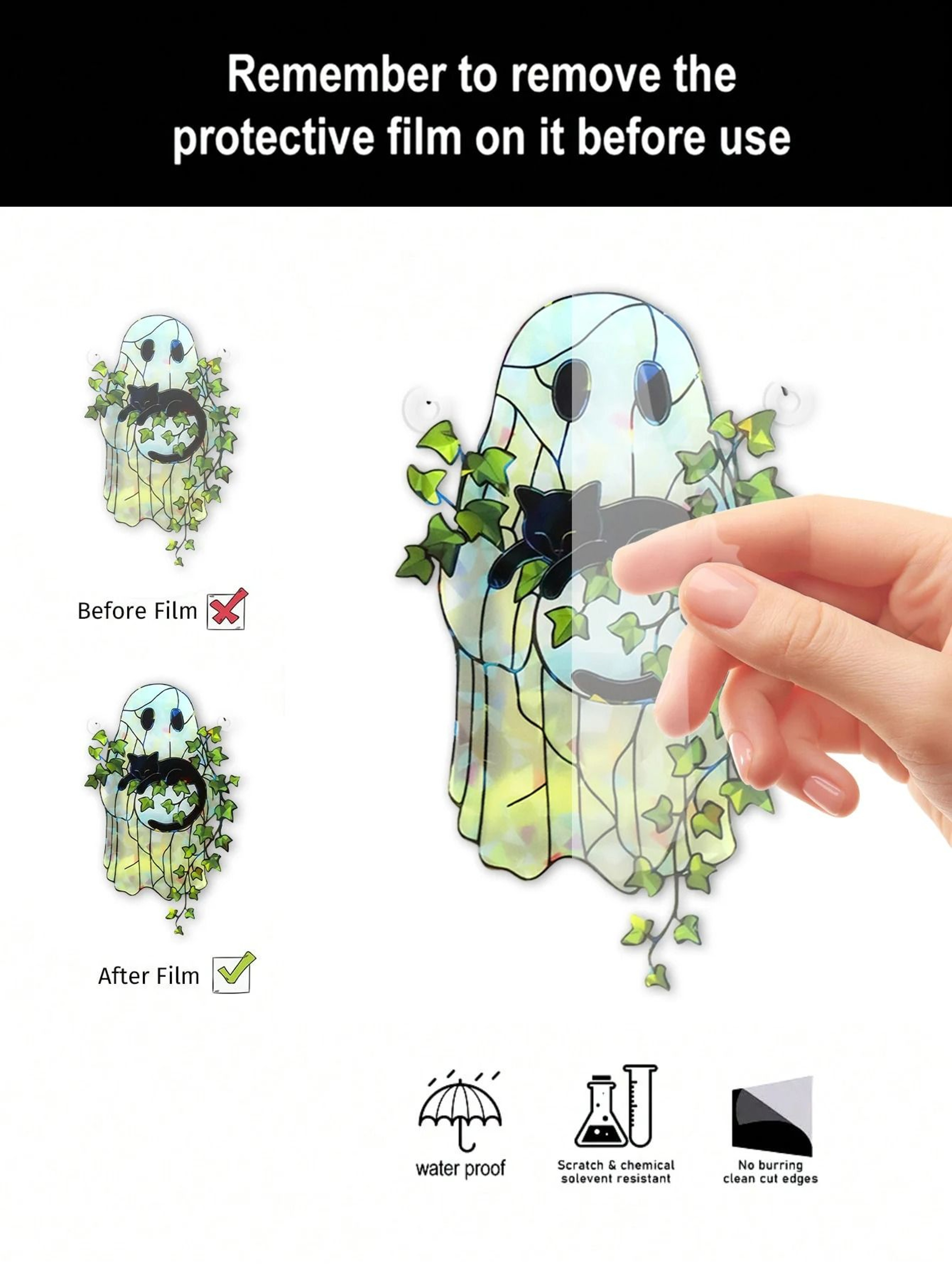 Cute Halloween Ghost Suncatcher  Acrylic Ghost Black Cat  Green Leaf Window Hanging Decor For Home  4