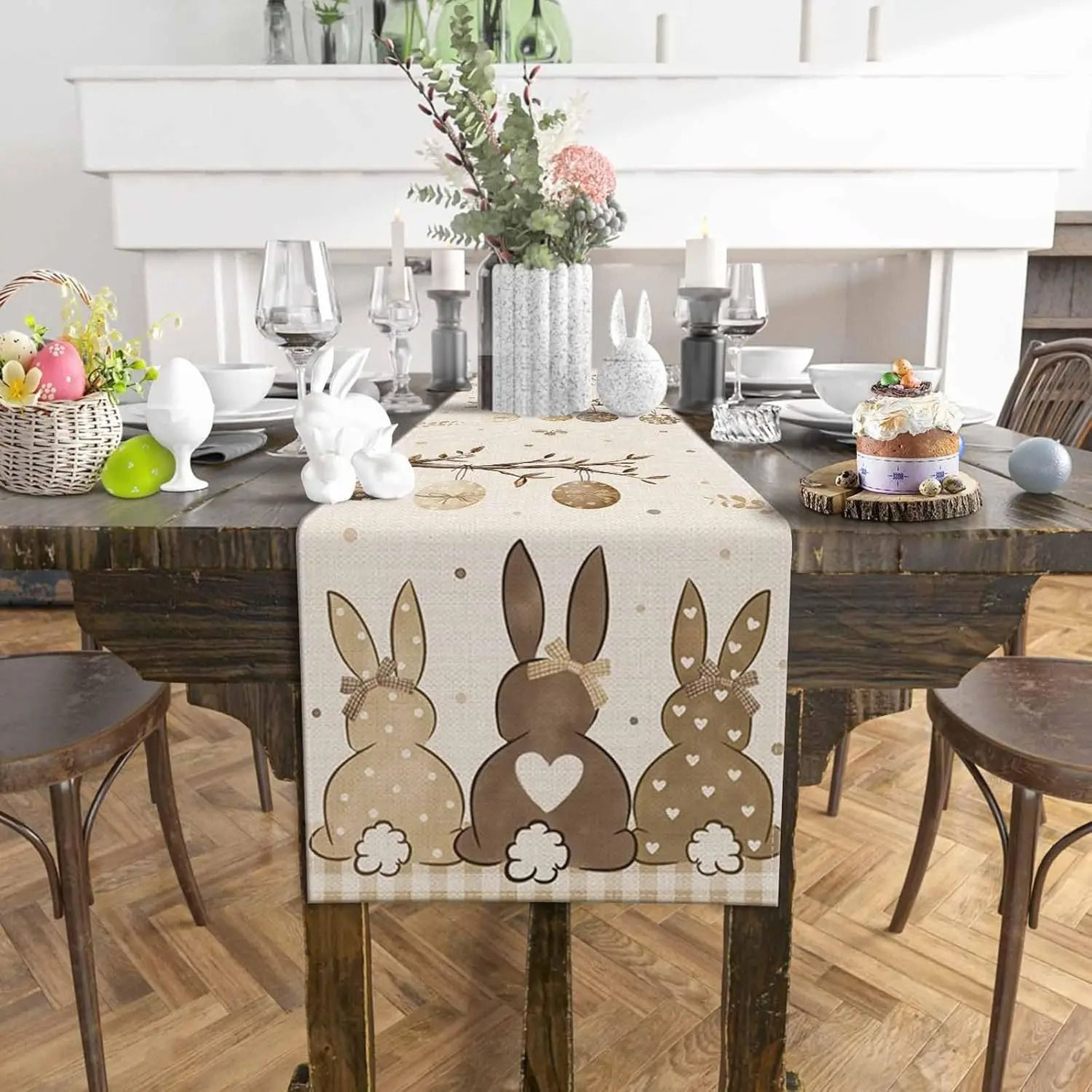 Easter Bunny  Eggs Linen Table Runner  Rustic Spring Botanical Dresser Scarf  Kitchen Holiday Party 1
