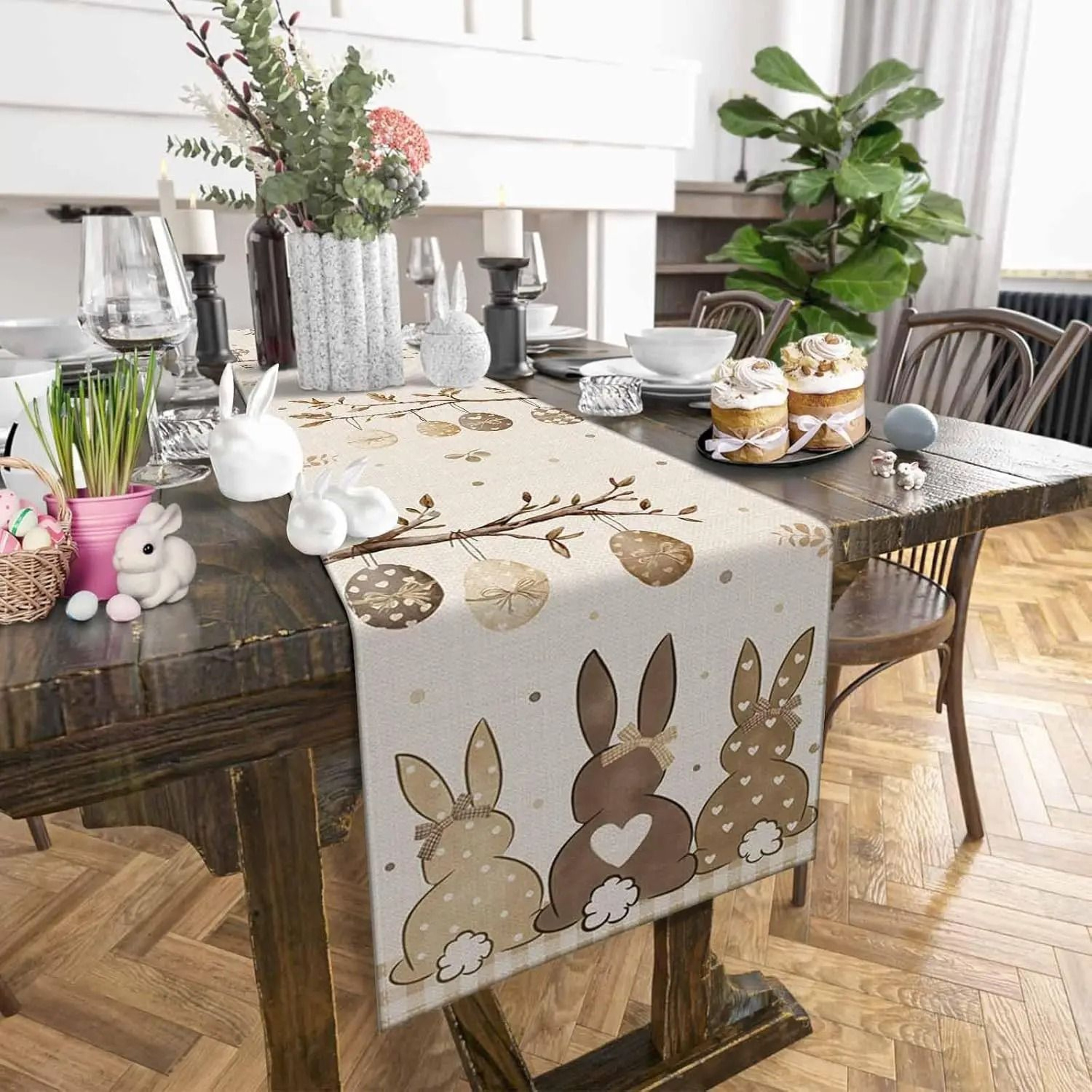 Easter Bunny  Eggs Linen Table Runner  Rustic Spring Botanical Dresser Scarf  Kitchen Holiday Party 2