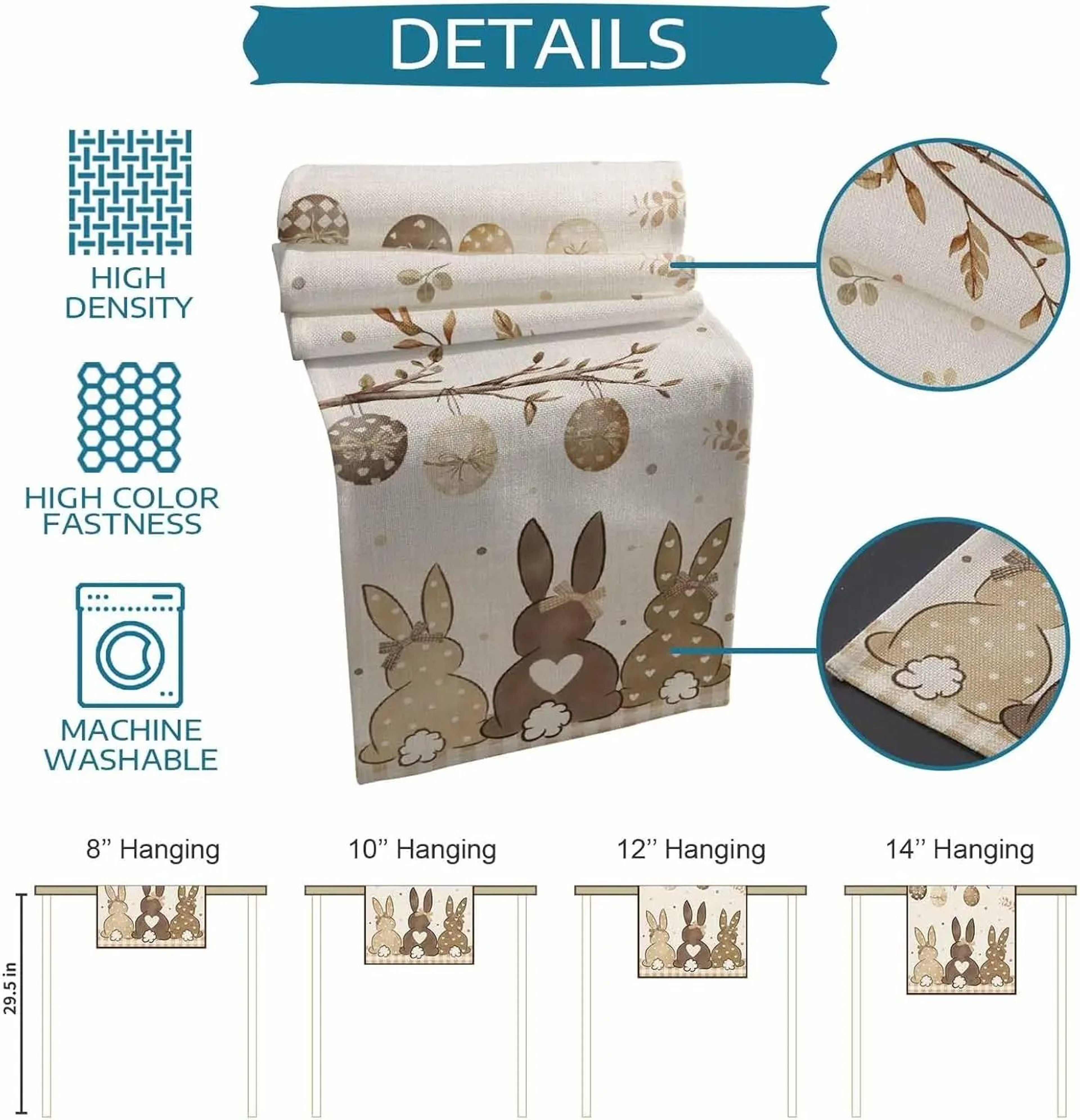 Easter Bunny  Eggs Linen Table Runner  Rustic Spring Botanical Dresser Scarf  Kitchen Holiday Party 5