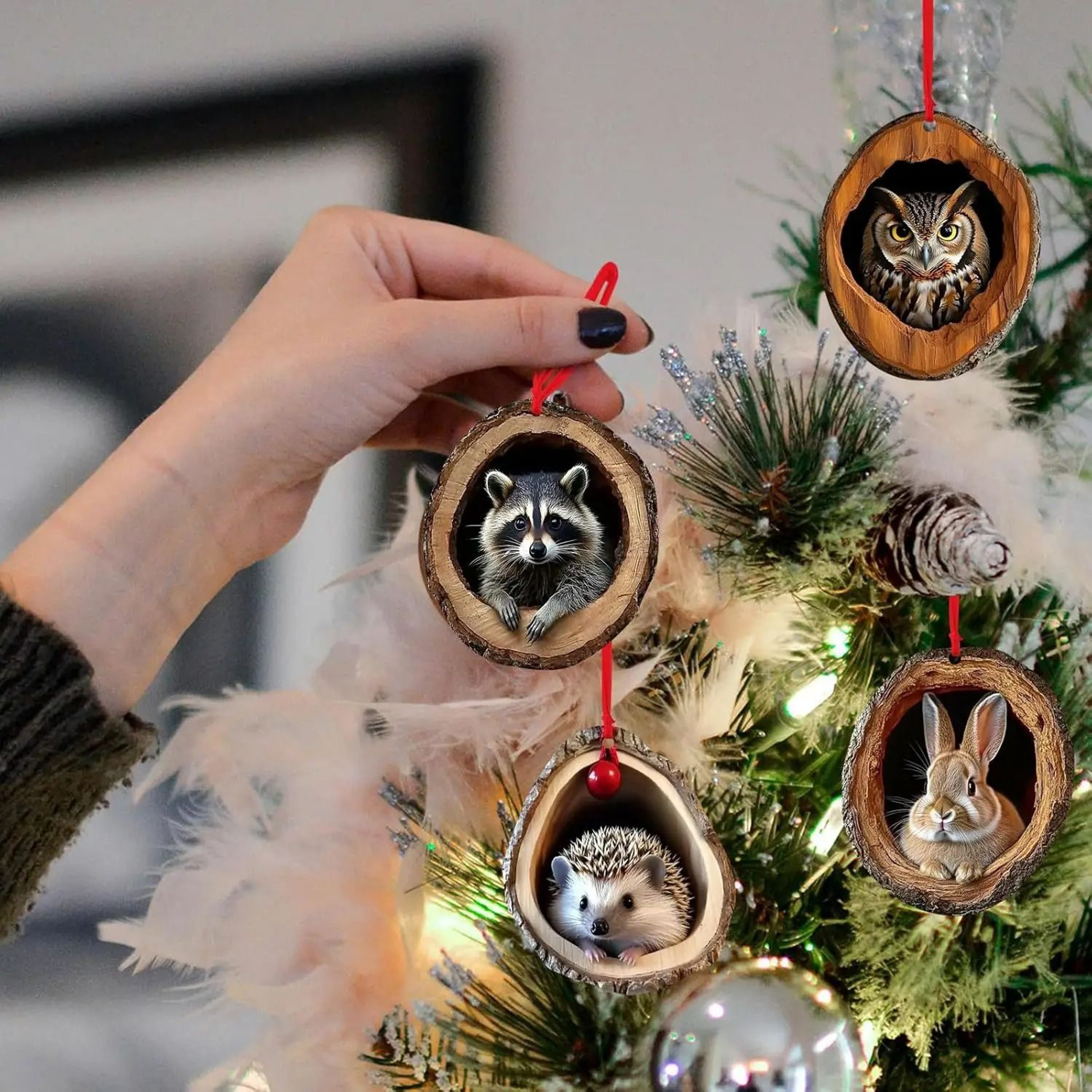Acrylic Animal In Tree Trunk Christmas Ornaments  Cute Bunny Owl Squirrel  Hedgehog Festive Hanging 5