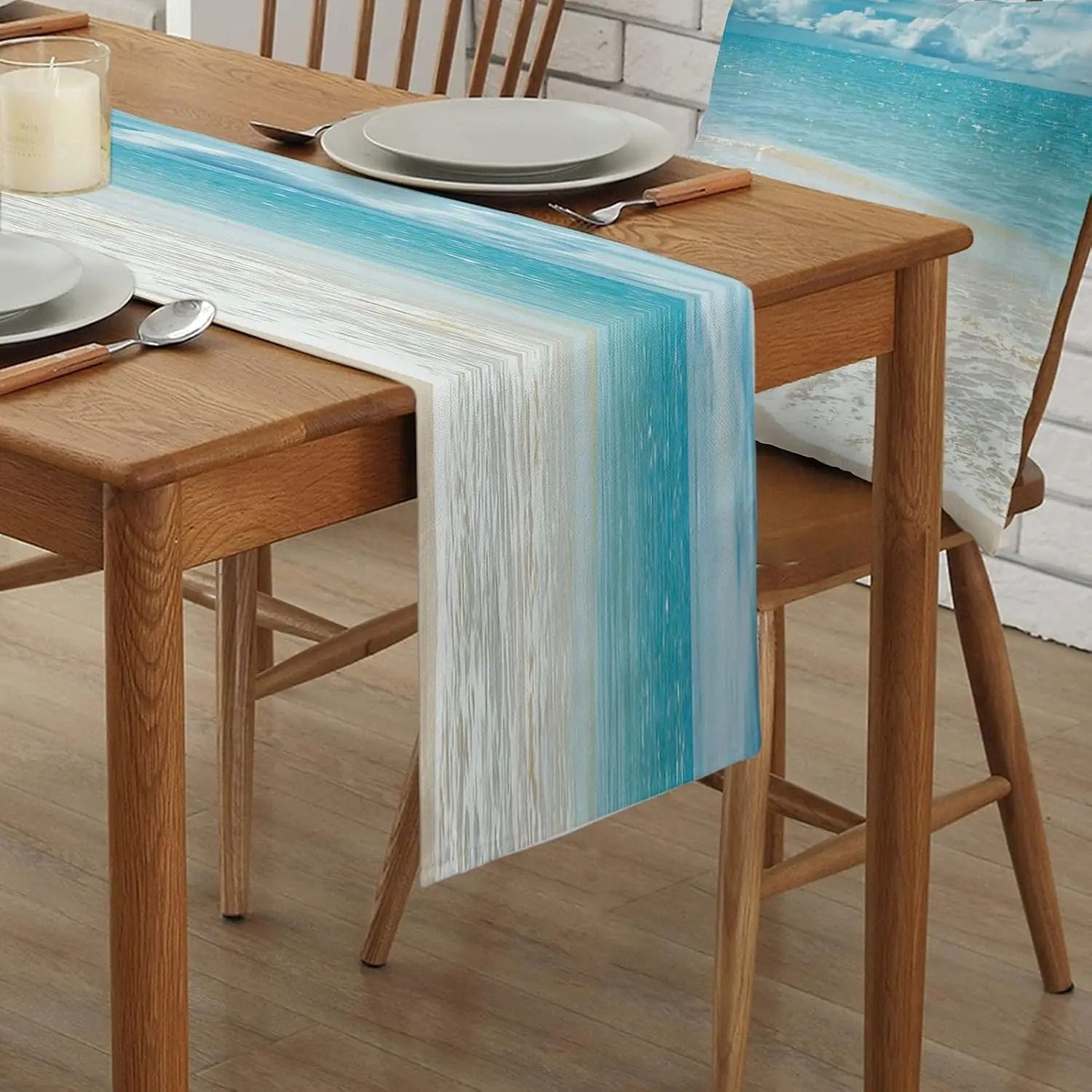 Summer Ocean Beach Linen Table Runner  Coastal Sea Water Table Decor For Farmhouse Kitchen  Dining  1