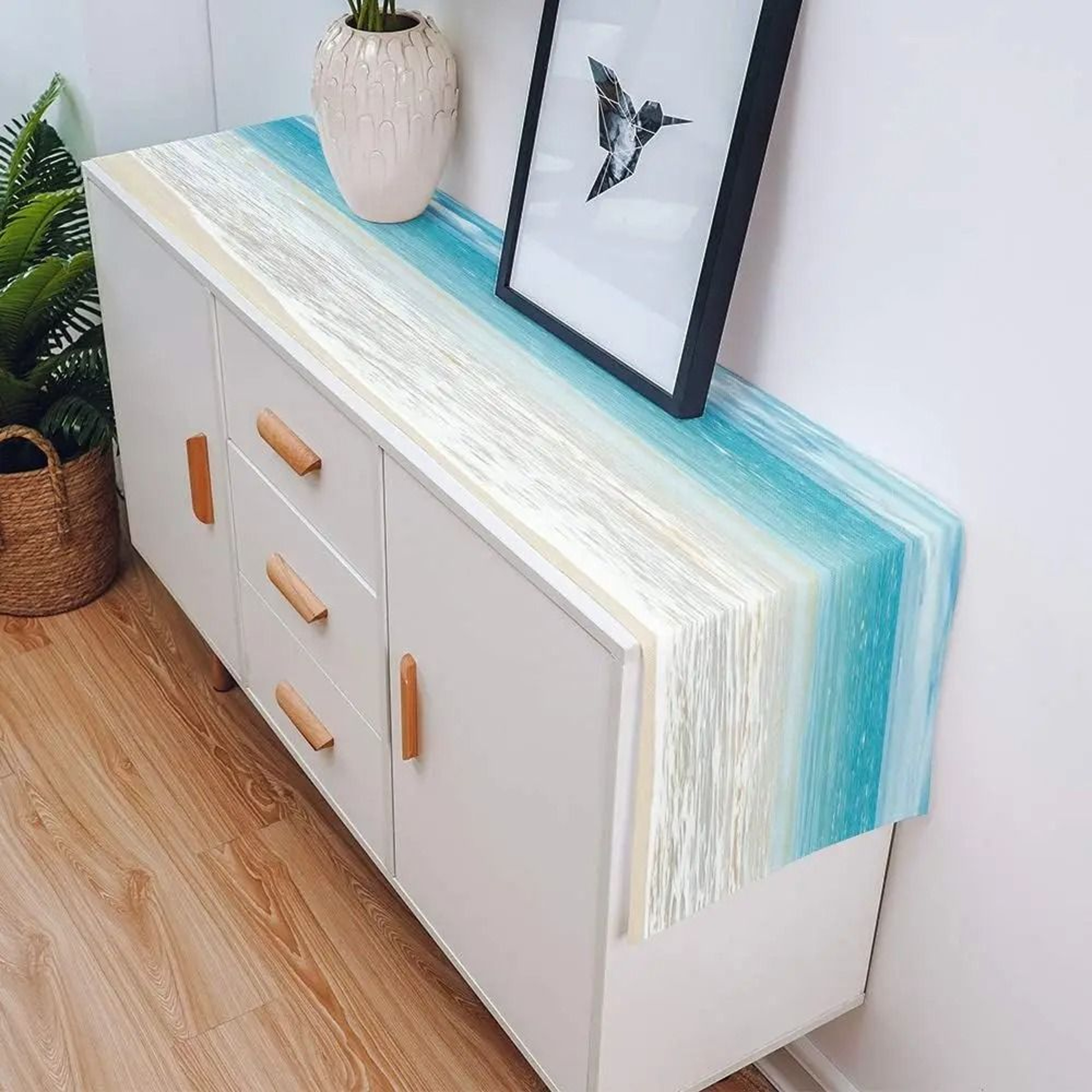 Summer Ocean Beach Linen Table Runner  Coastal Sea Water Table Decor For Farmhouse Kitchen  Dining  3