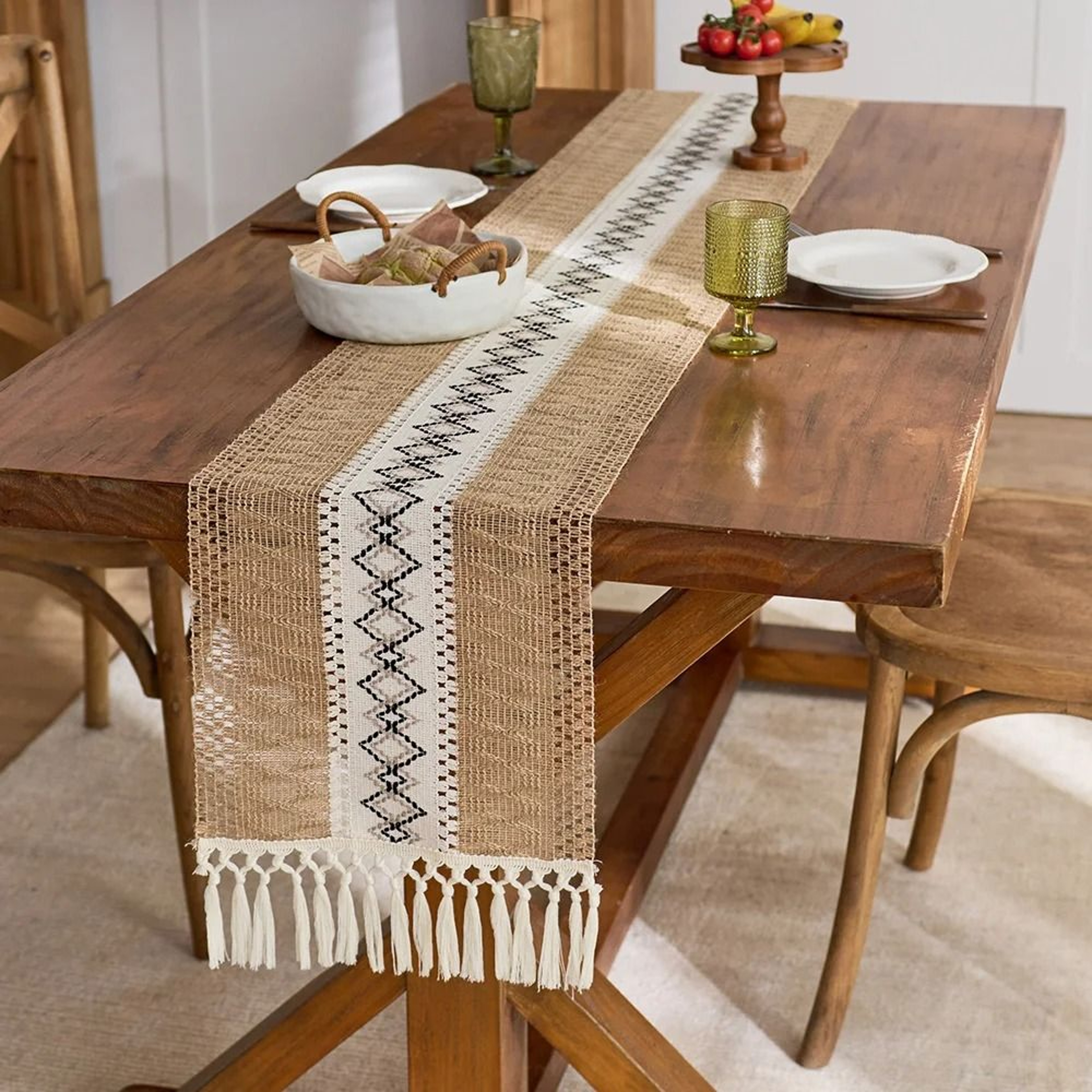 Boho Farmhouse Table Runner  Rustic Brown Macrame  Burlap Table Decoration With Tassels For Living  2