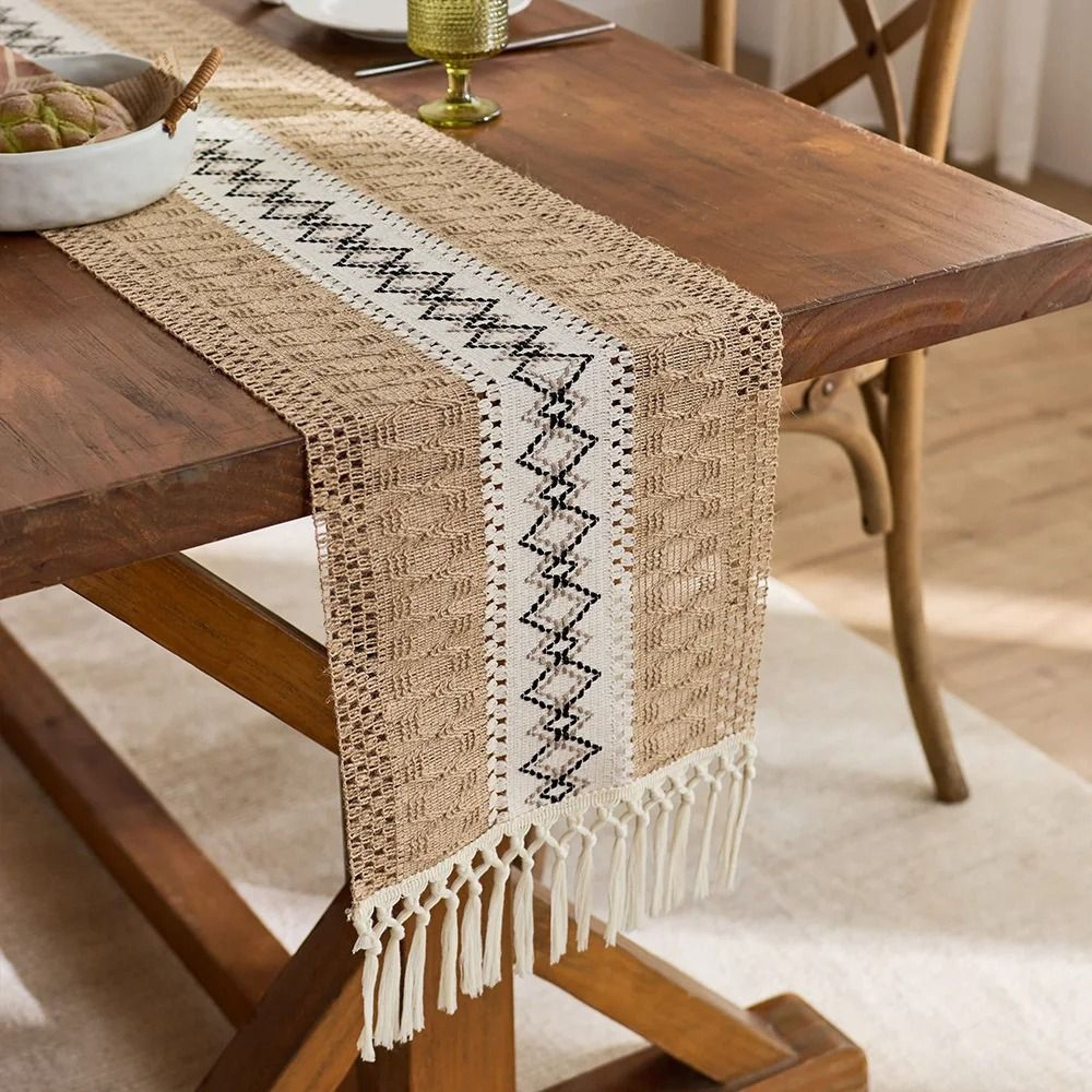 Boho Farmhouse Table Runner  Rustic Brown Macrame  Burlap Table Decoration With Tassels For Living  3