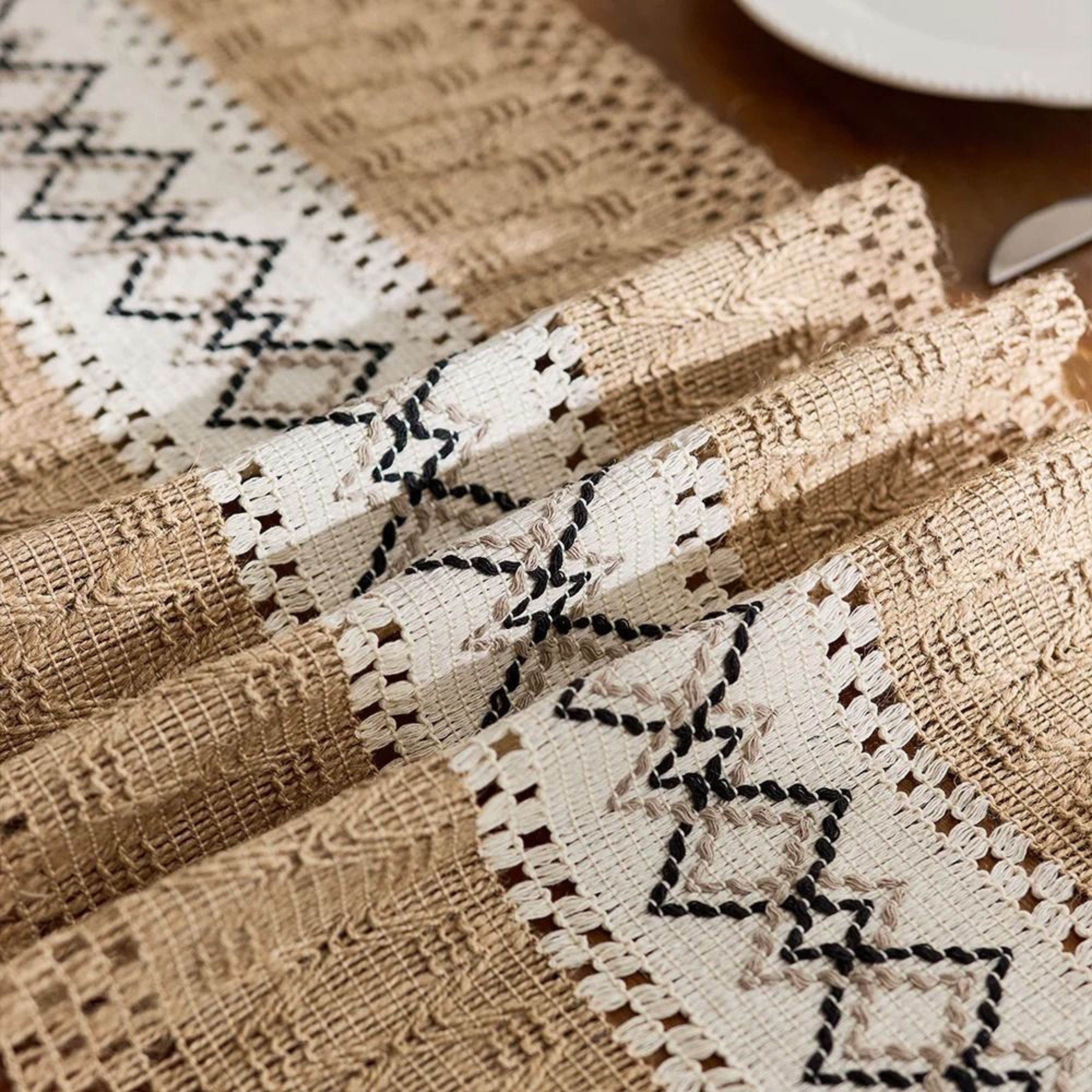 Boho Farmhouse Table Runner  Rustic Brown Macrame  Burlap Table Decoration With Tassels For Living  4