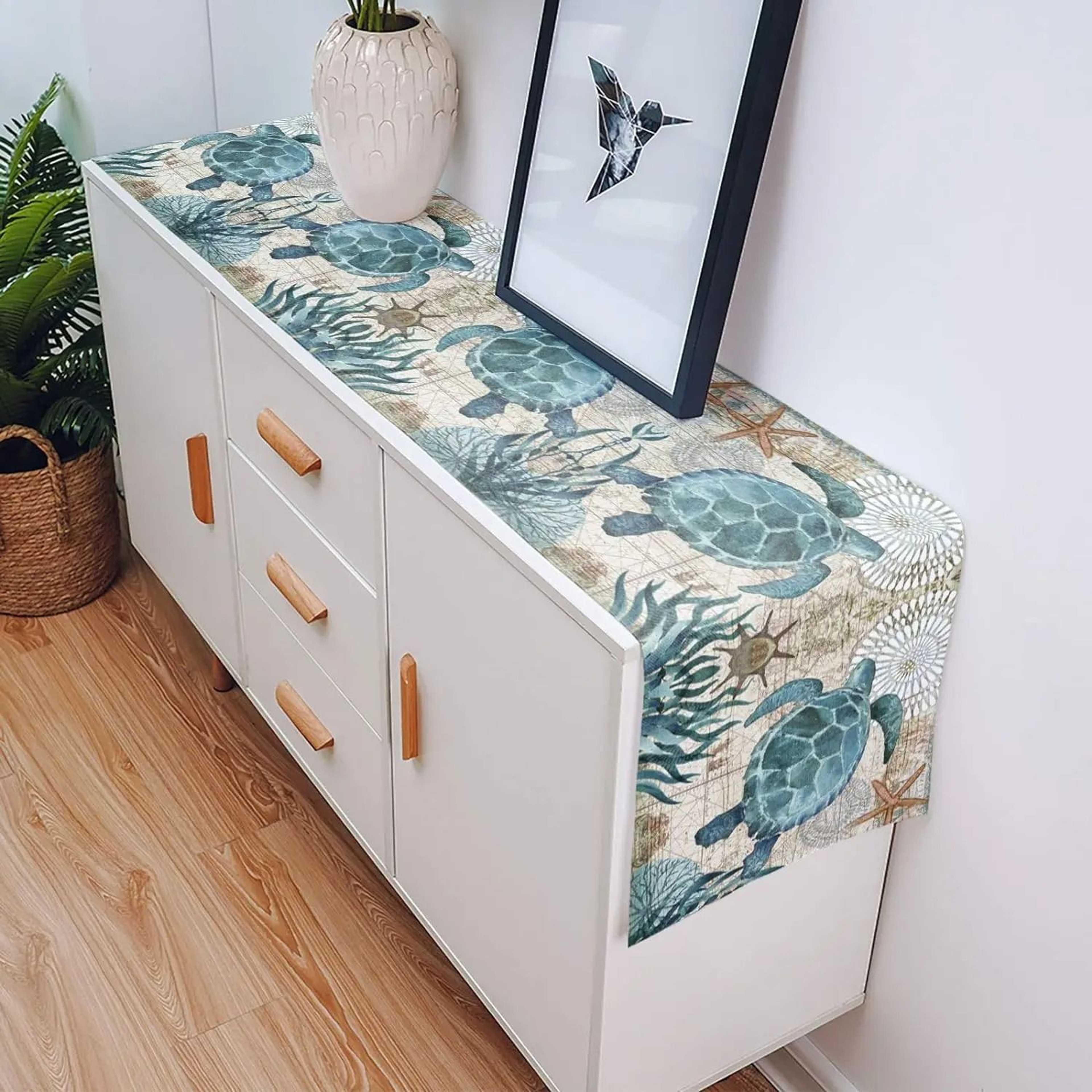 Nautical Sea Turtle  Starfish Linen Table Runner  Coastal Marine Dresser Scarf  Farmhouse Kitchen T 4