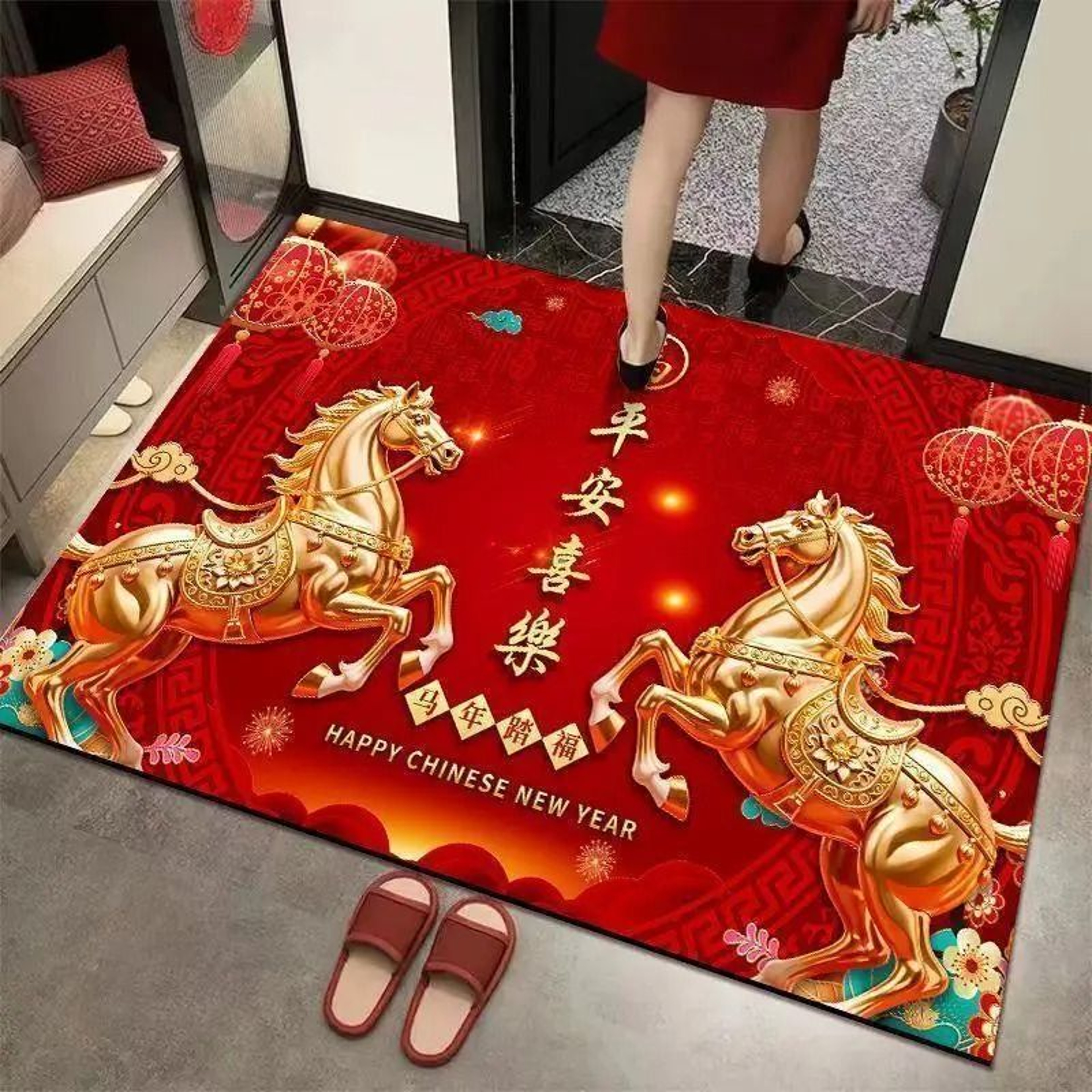 2026 Chinese New Year Year Of The Horse Carpet Mat  Red  Gold Running Horse And Peony Floral Festiv 9