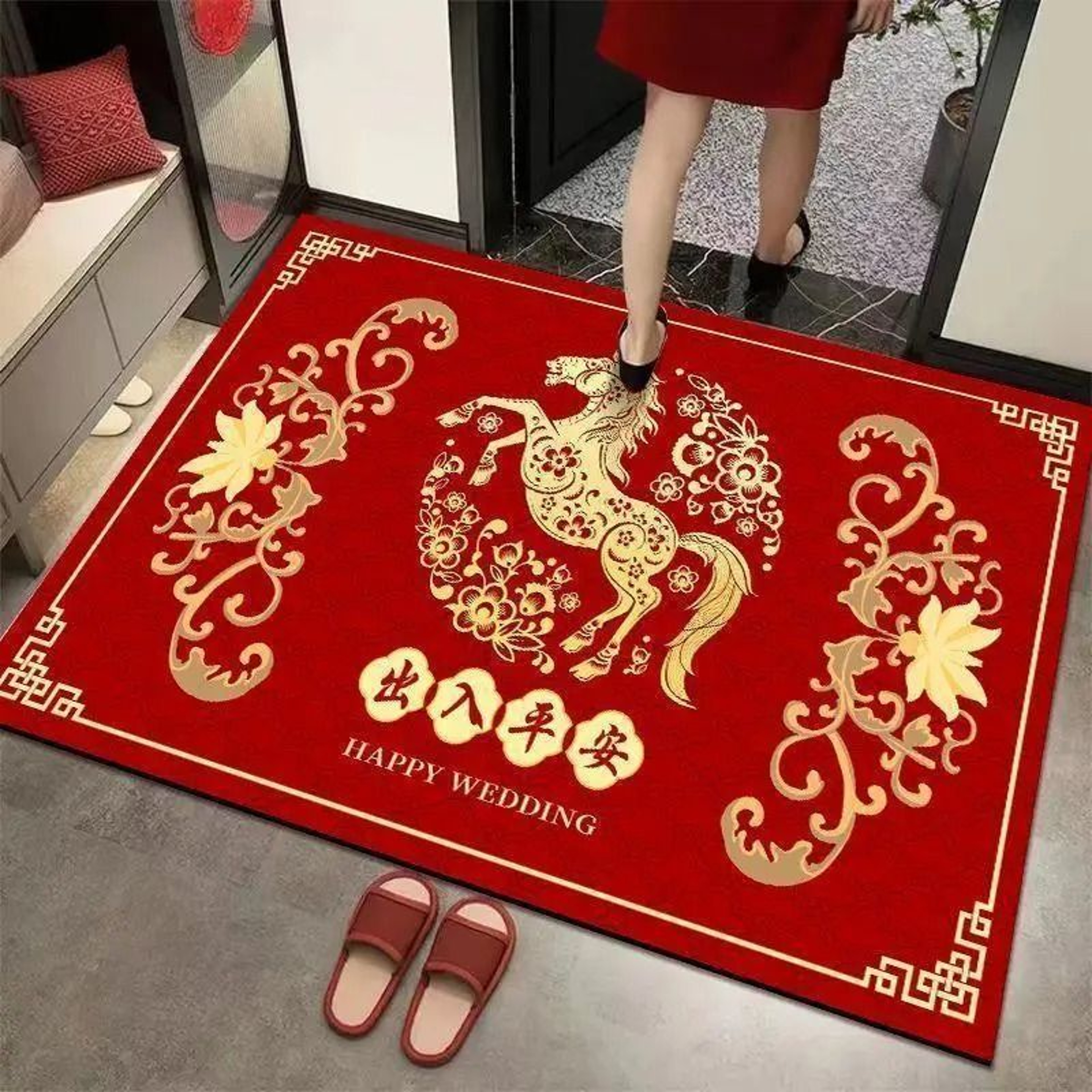 2026 Chinese New Year Year Of The Horse Carpet Mat  Red  Gold Running Horse And Peony Floral Festiv 6