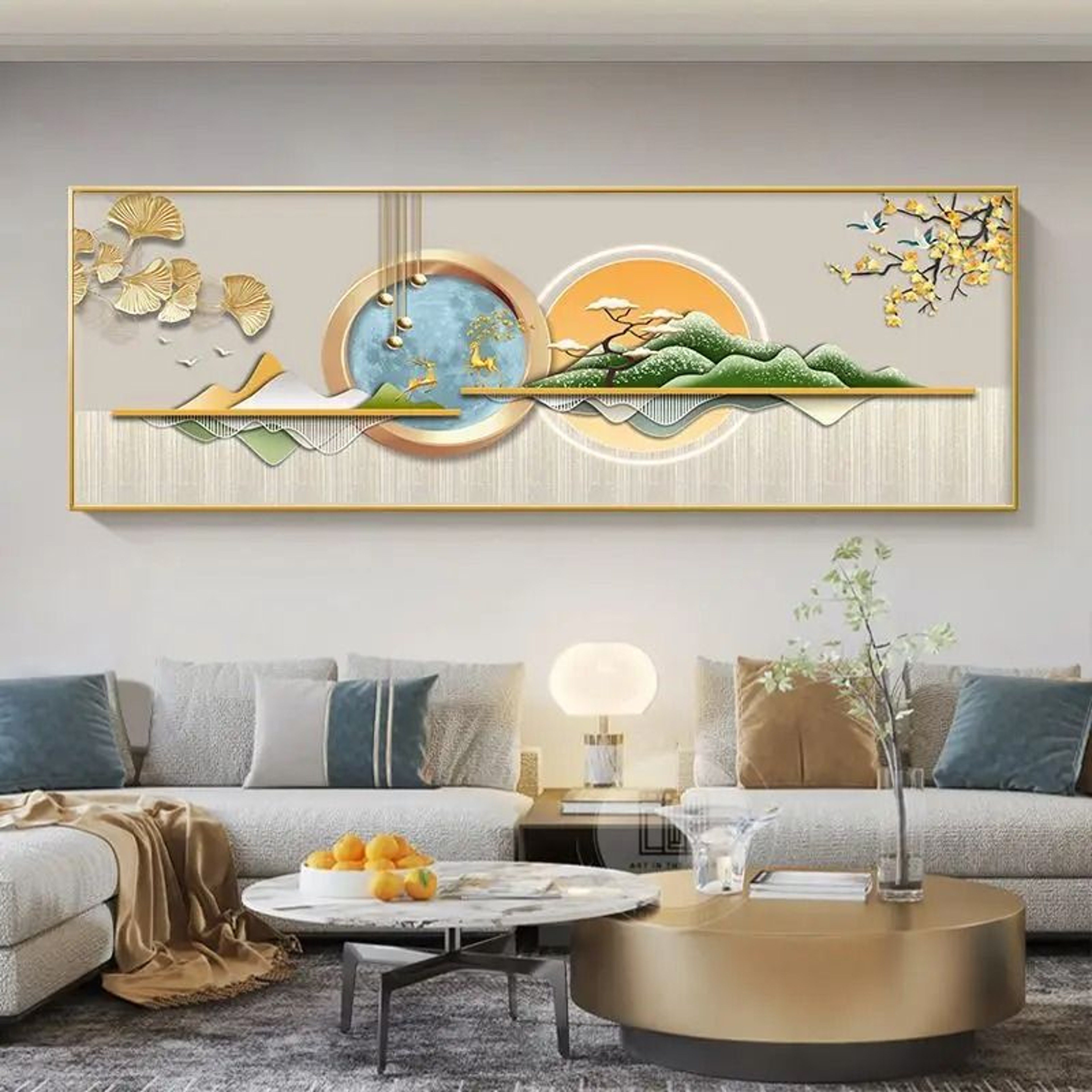 Chinese Style Golden Leaves  Sacred Deer Canvas Art 21