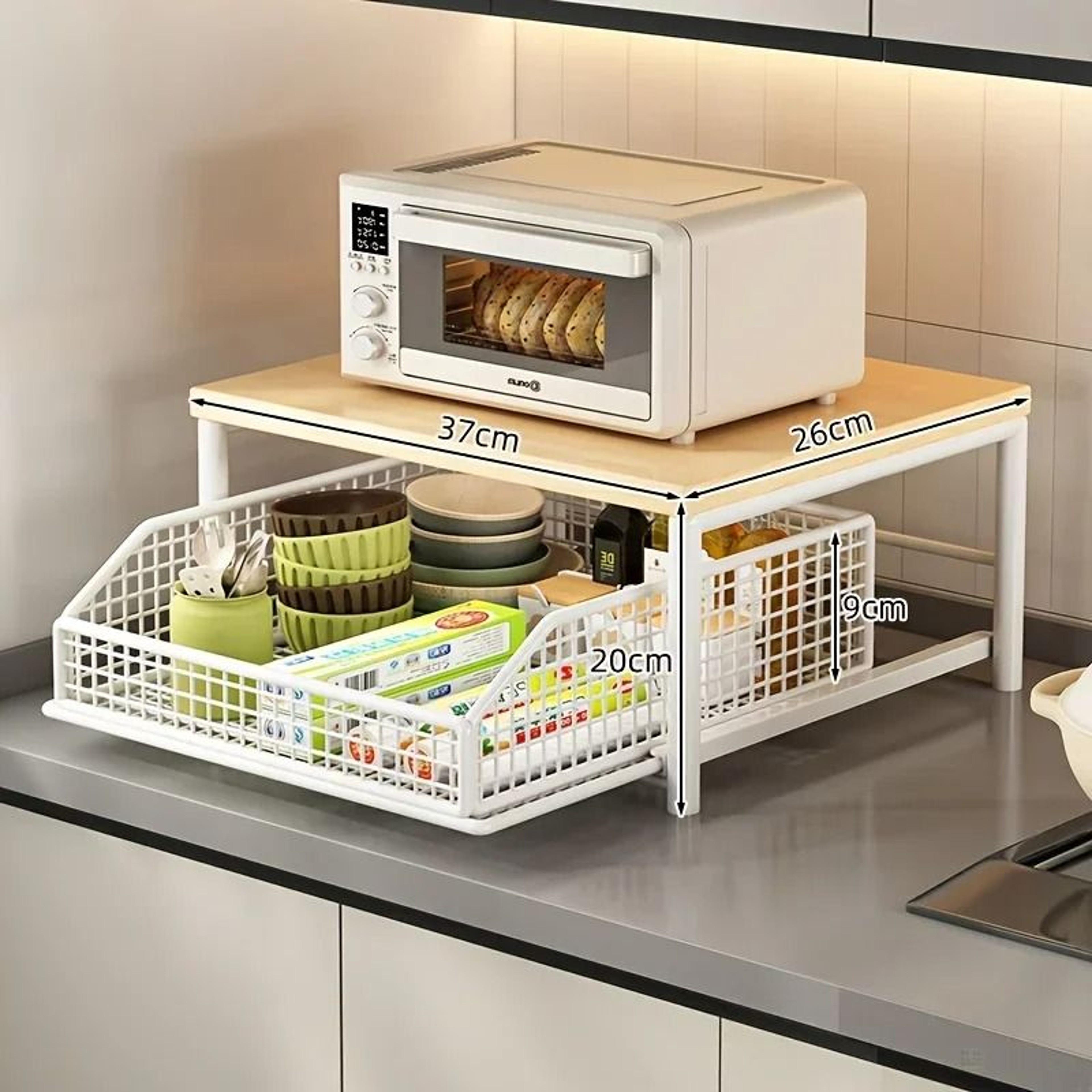 Modern Wood  Metal Microwave Rack  Sturdy Countertop Storage Shelf  SpaceSaving Kitchen Organizer 3