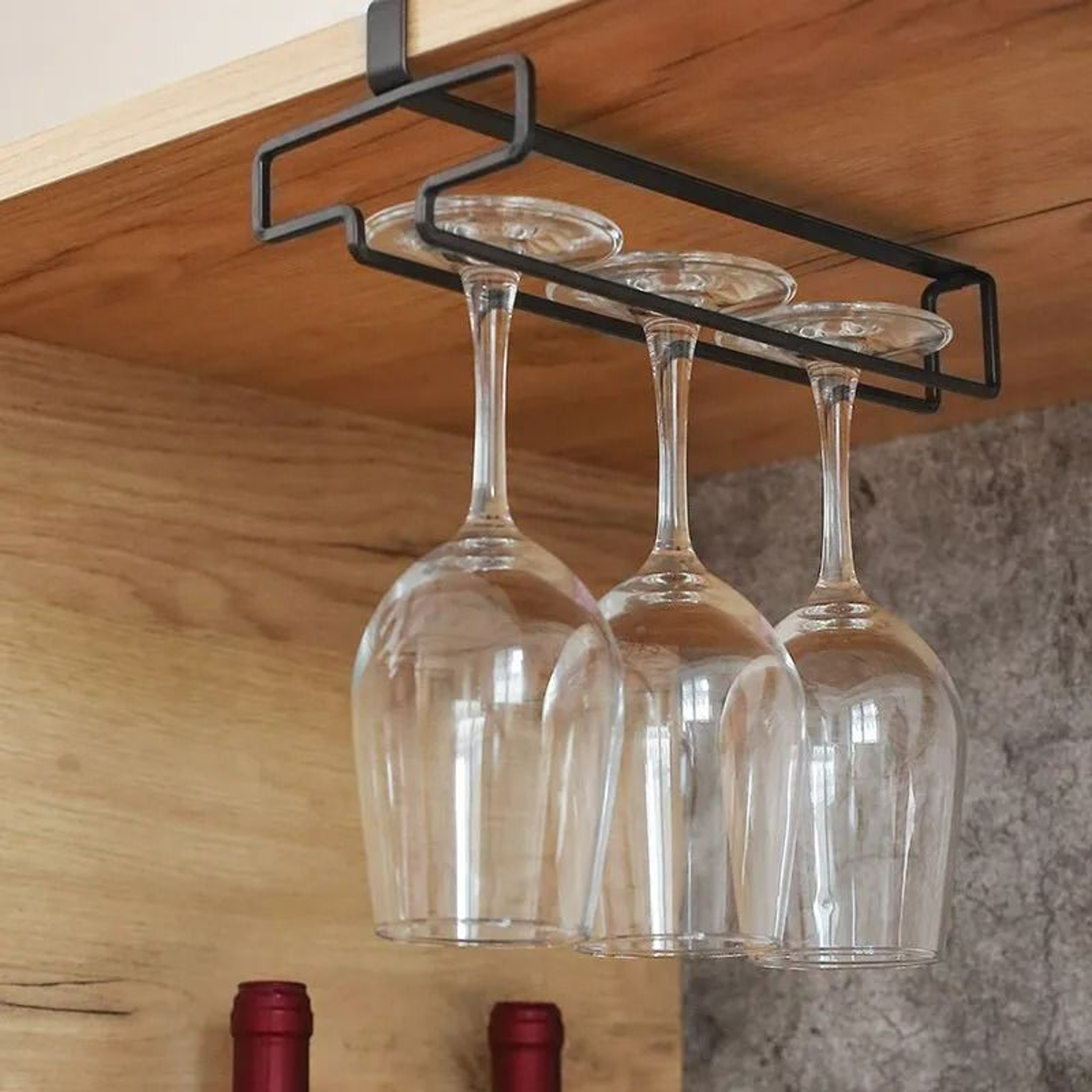 UnderShelf Hanging Red Wine Glass Storage Rack  PunchFree Inverted Stemware Drainer Rack 6