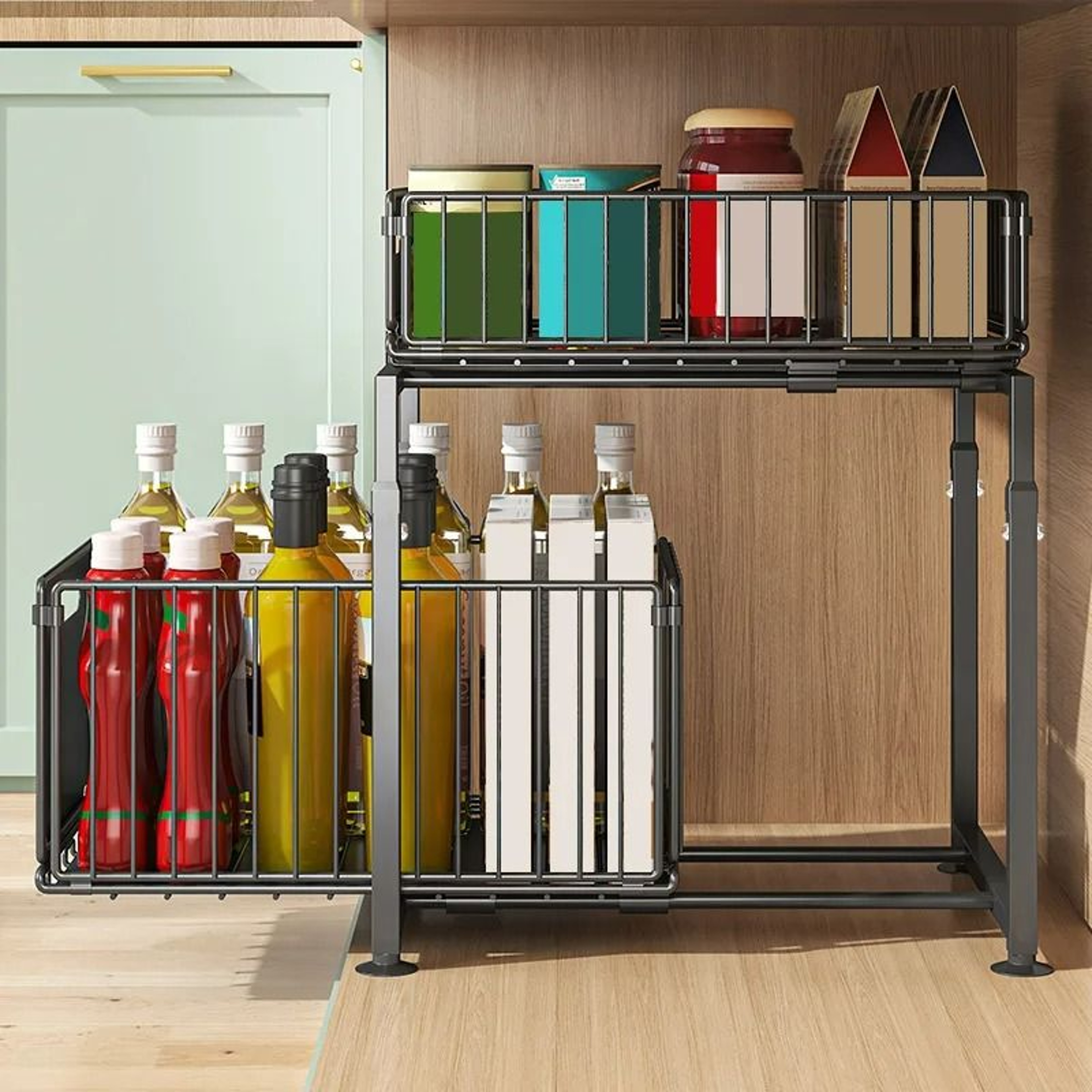 UnderSink Sliding Storage Rack  2Tier PullOut Cabinet Organizer Basket For Spices Snacks  Bathroom  4