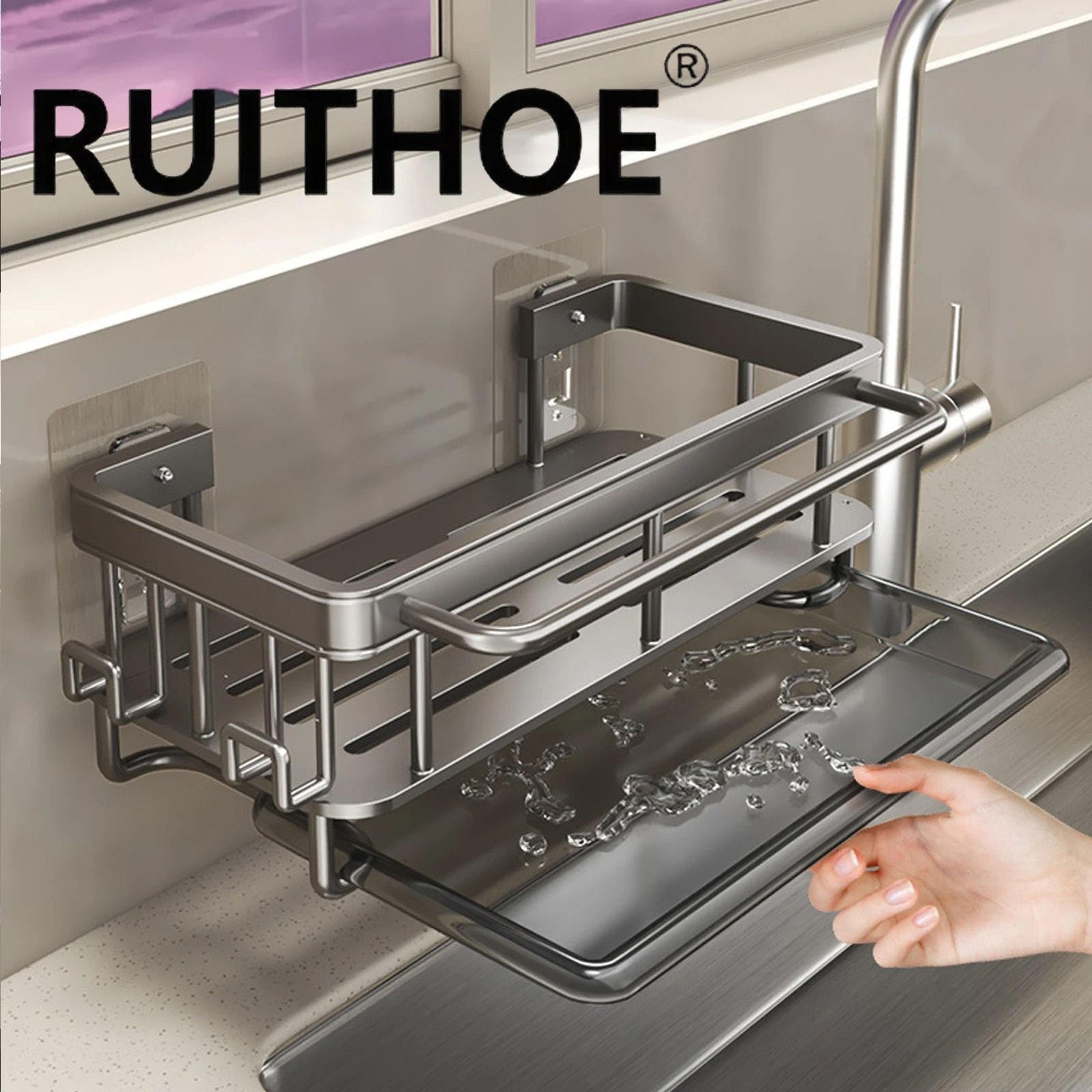 Aluminum Kitchen Sink Drain Rack With Removable Drip Tray  MultiFunctional Soap Sponge And Dishclot 0