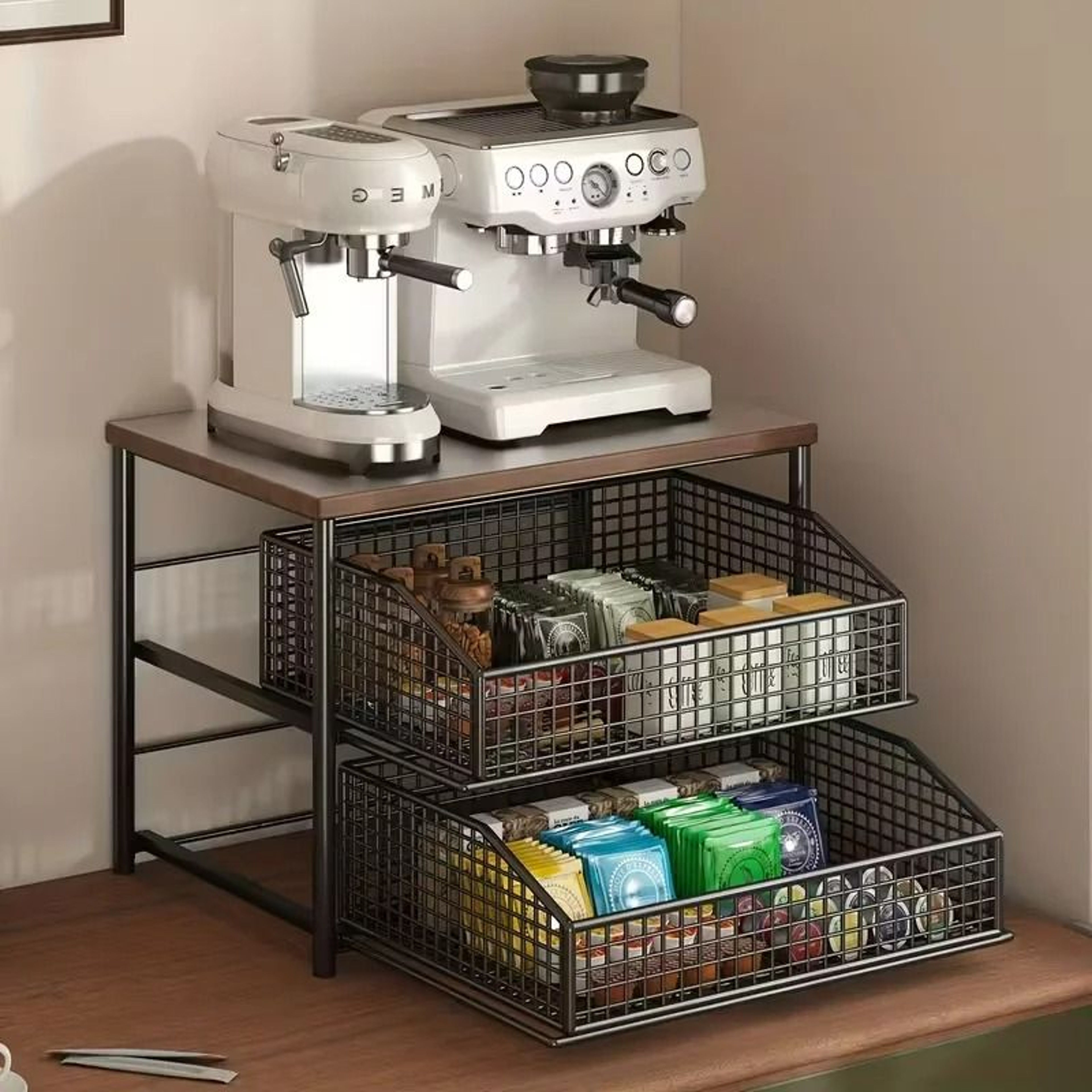 MultiLayer Kitchen Countertop Storage Rack  SpaceSaving Desktop Organizer With Drawers  Metal Baske 4