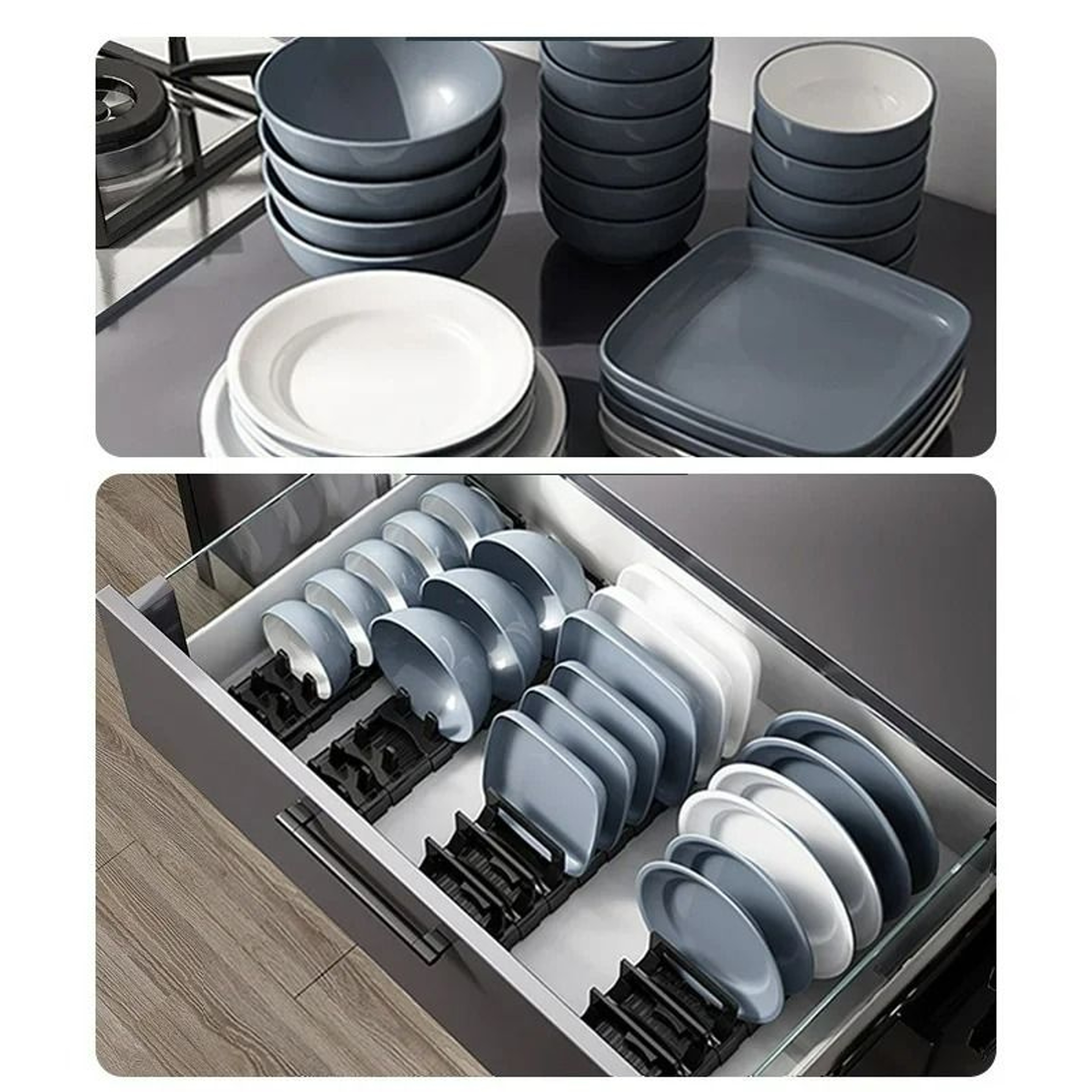 Adjustable UnderCabinet Bowl And Dish Storage Rack And Drawer Partition Tableware Drying Rack 2