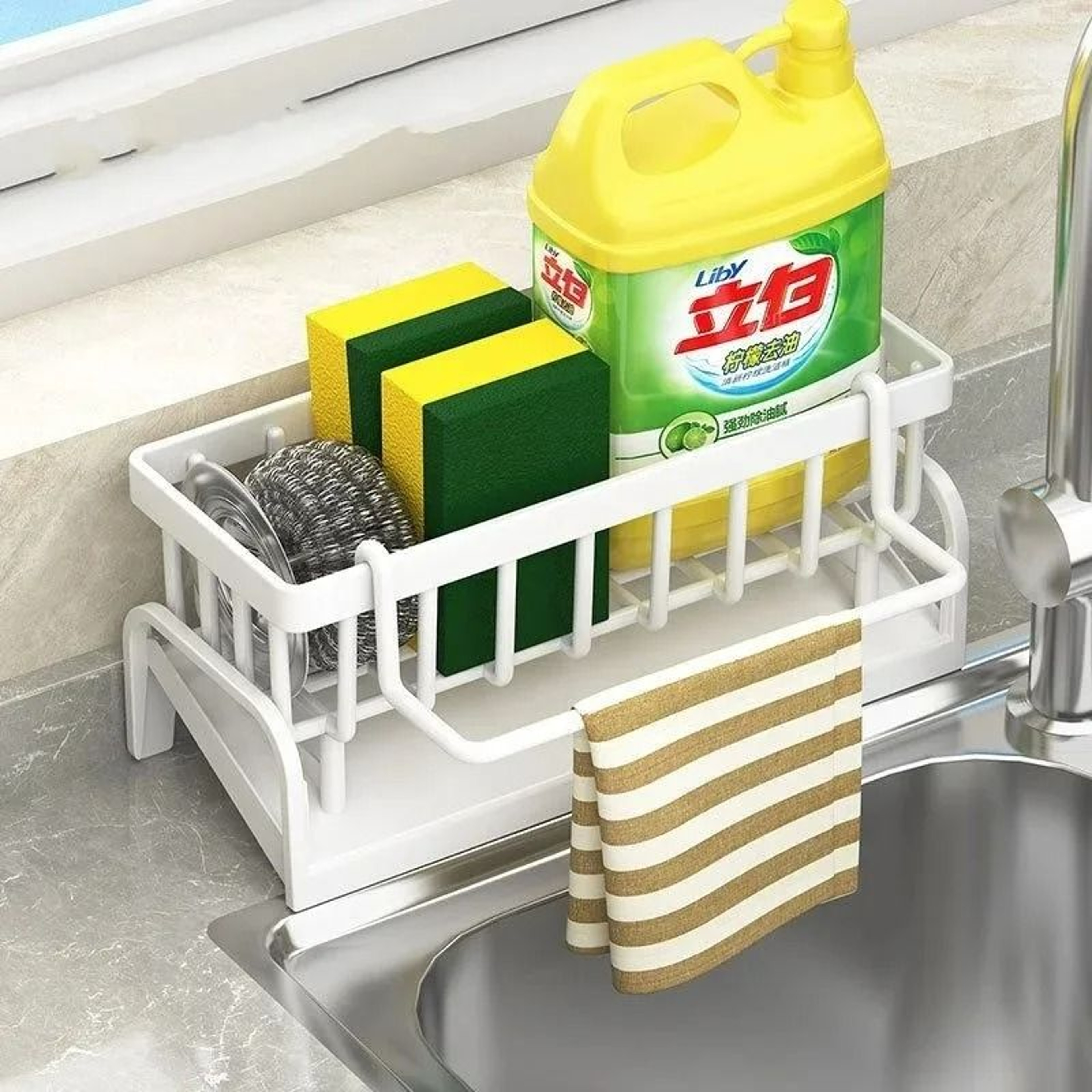 Kitchen Stainless Steel Faucet Drain Rack ClipOn Sponge Storage Holder And Soap Towel Shelf Organiz 6