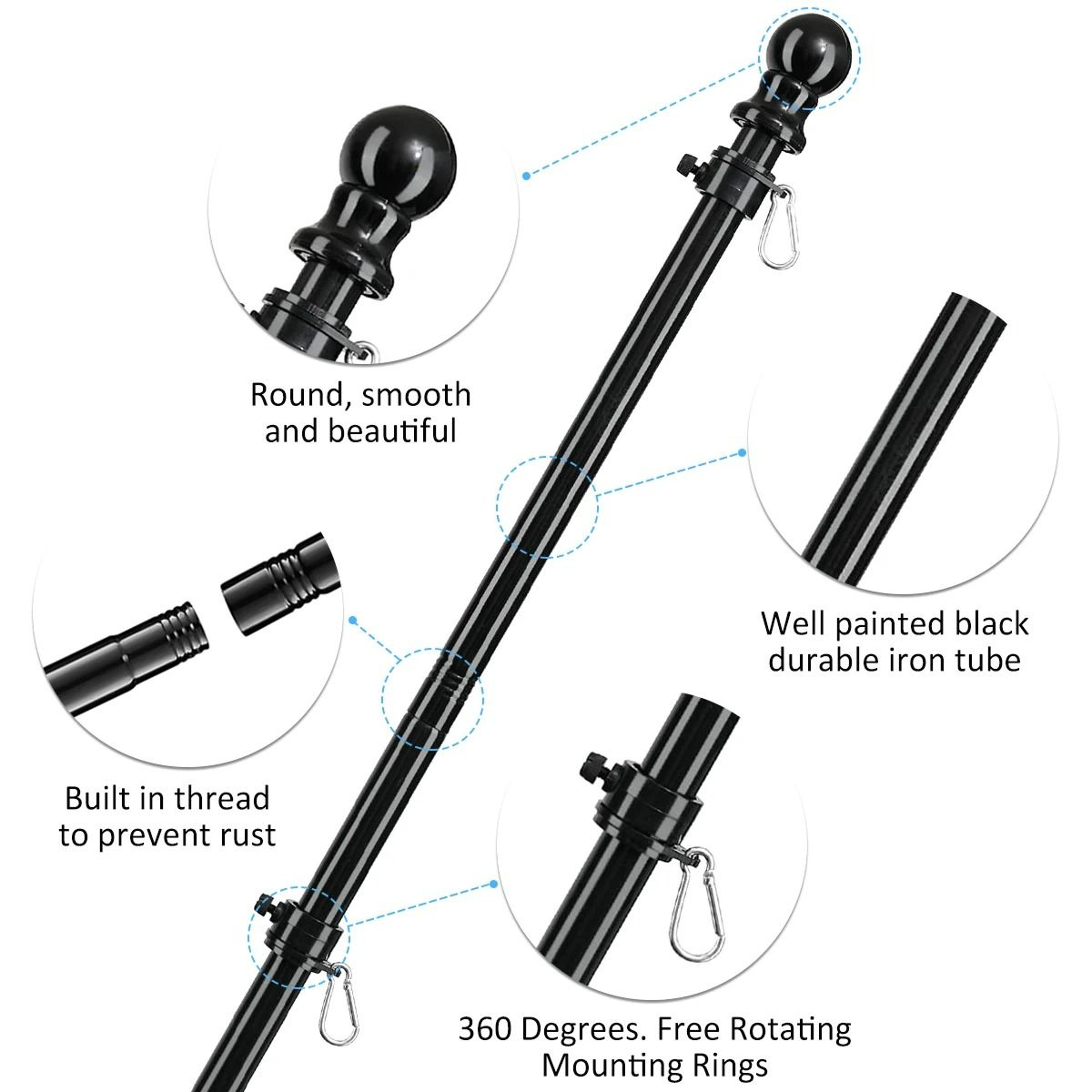 Telescopic Stainless Steel Flag Pole  TangleFree 360Degree Rotating Guide Banner System 4