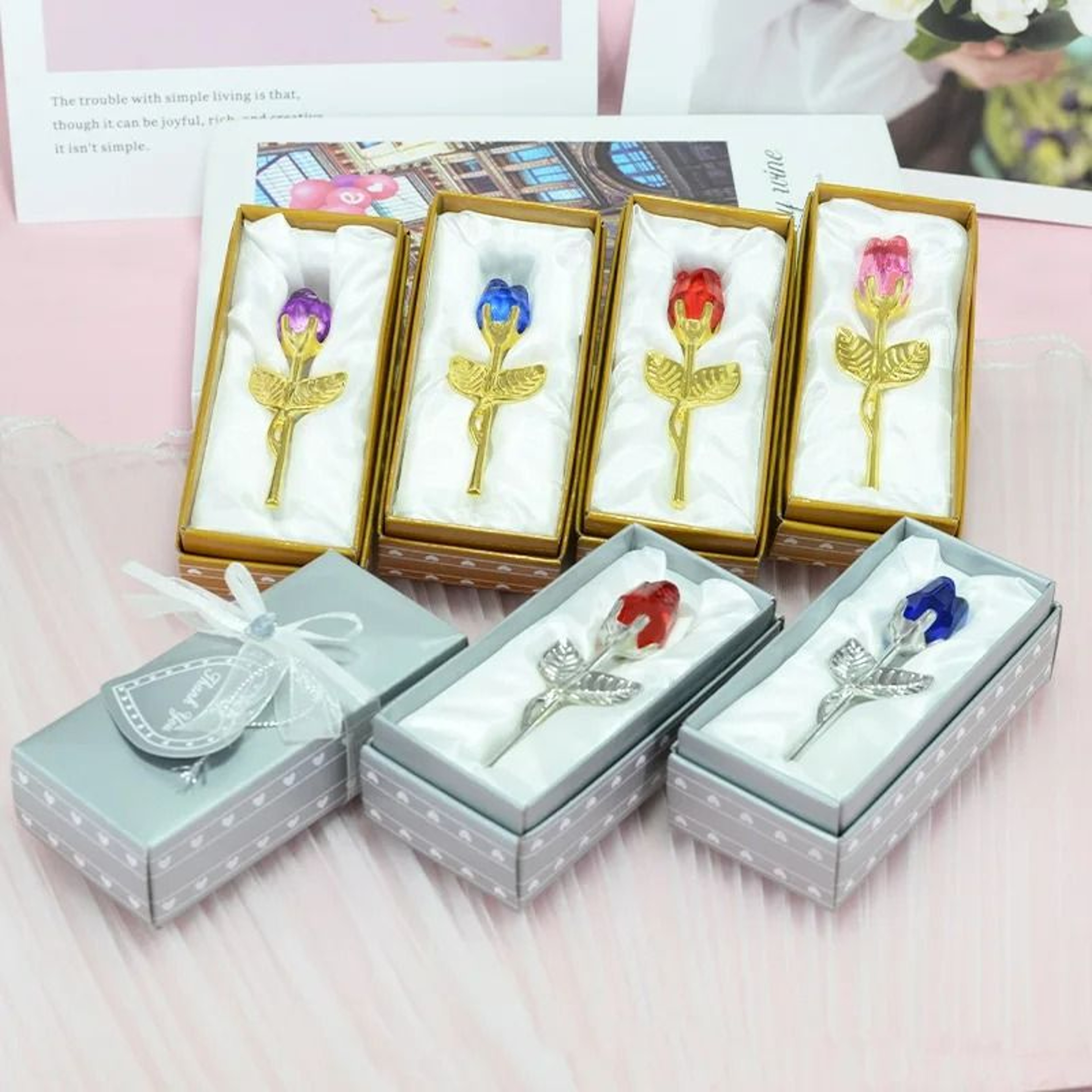 Crystal Rose Artificial Flower  Metallic Stem Craft 3