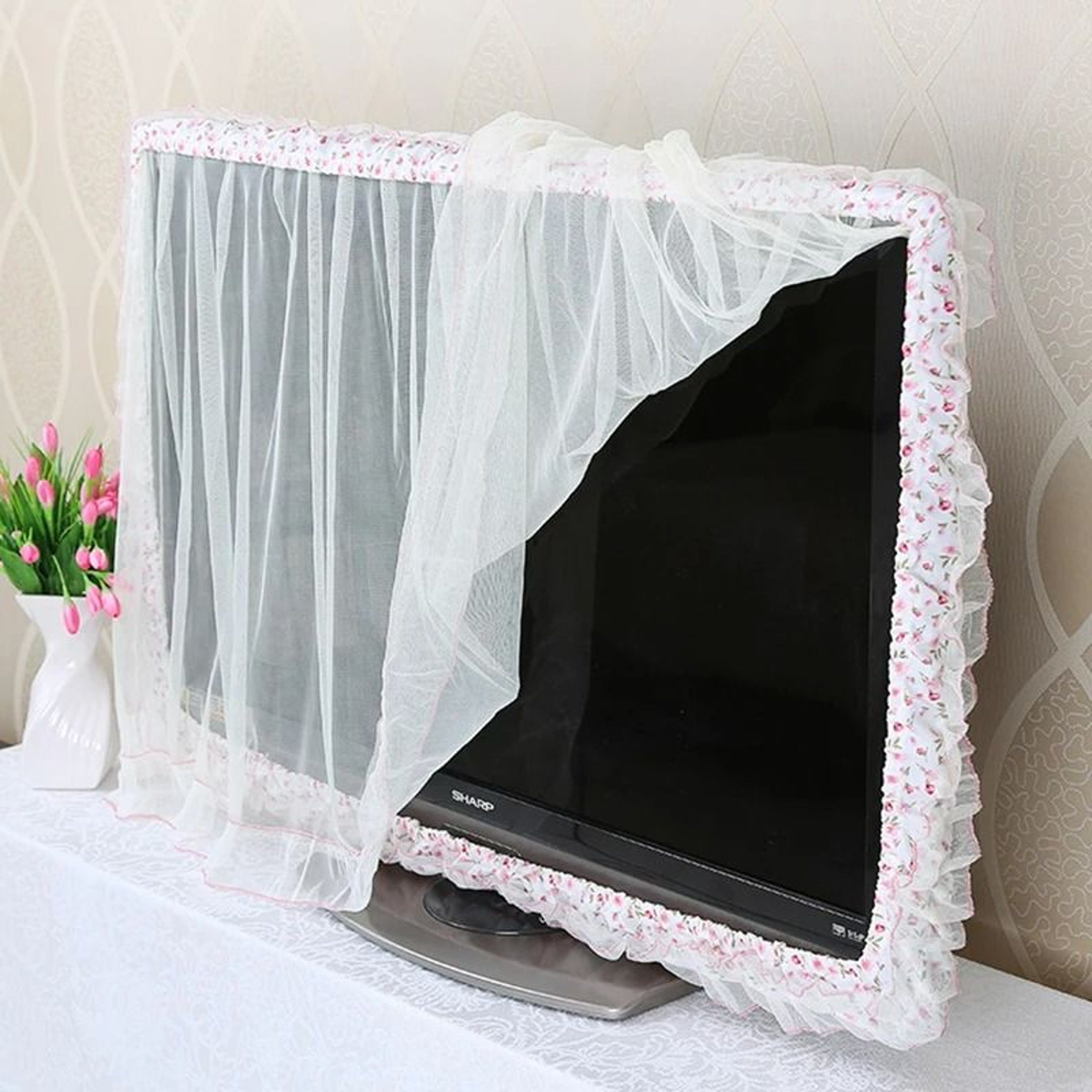 Lace Fabric TV  Monitor Dust Cover With Flip Screen Feature 5