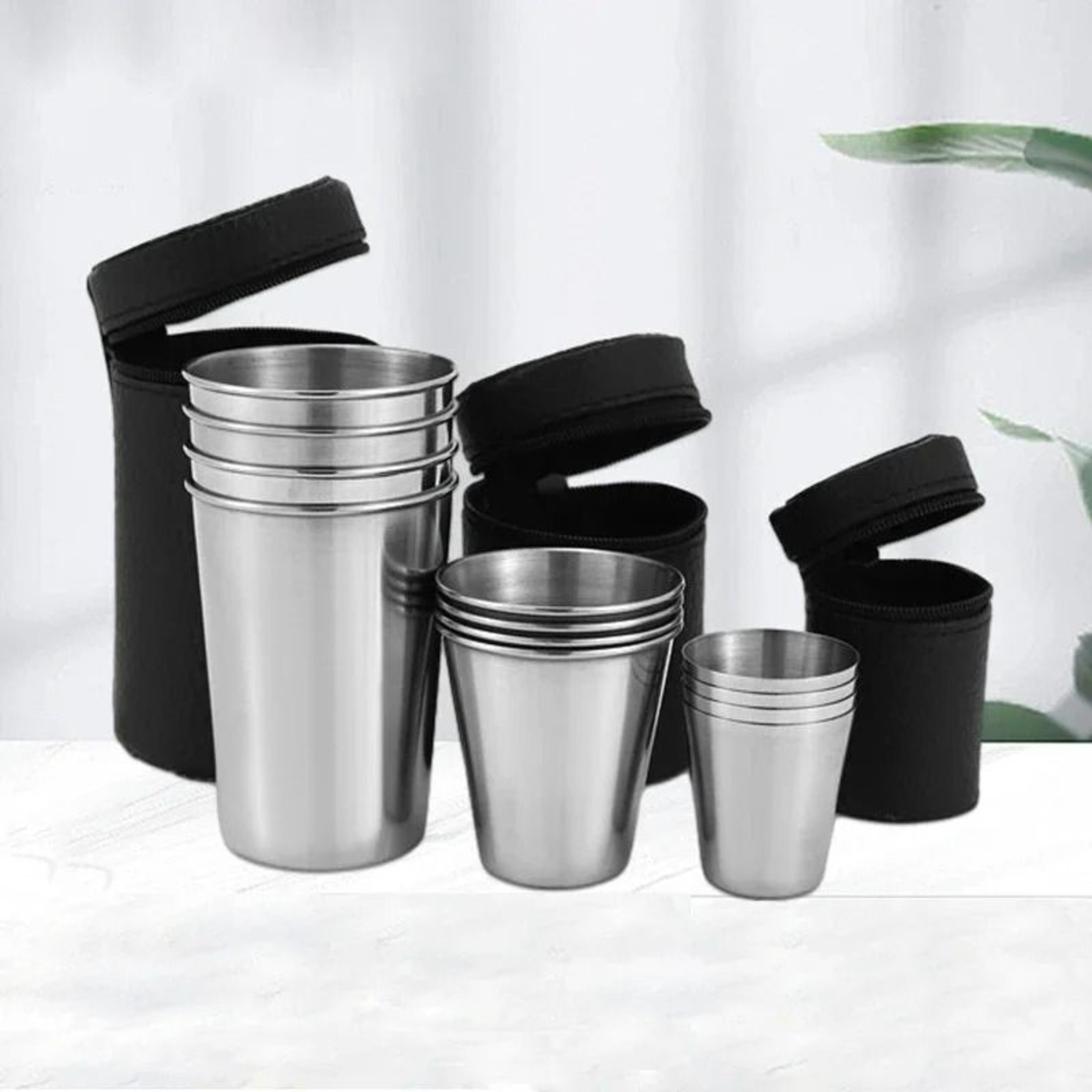 4Piece Portable Stainless Steel Mini Travel Cup Set With Leather Case 0