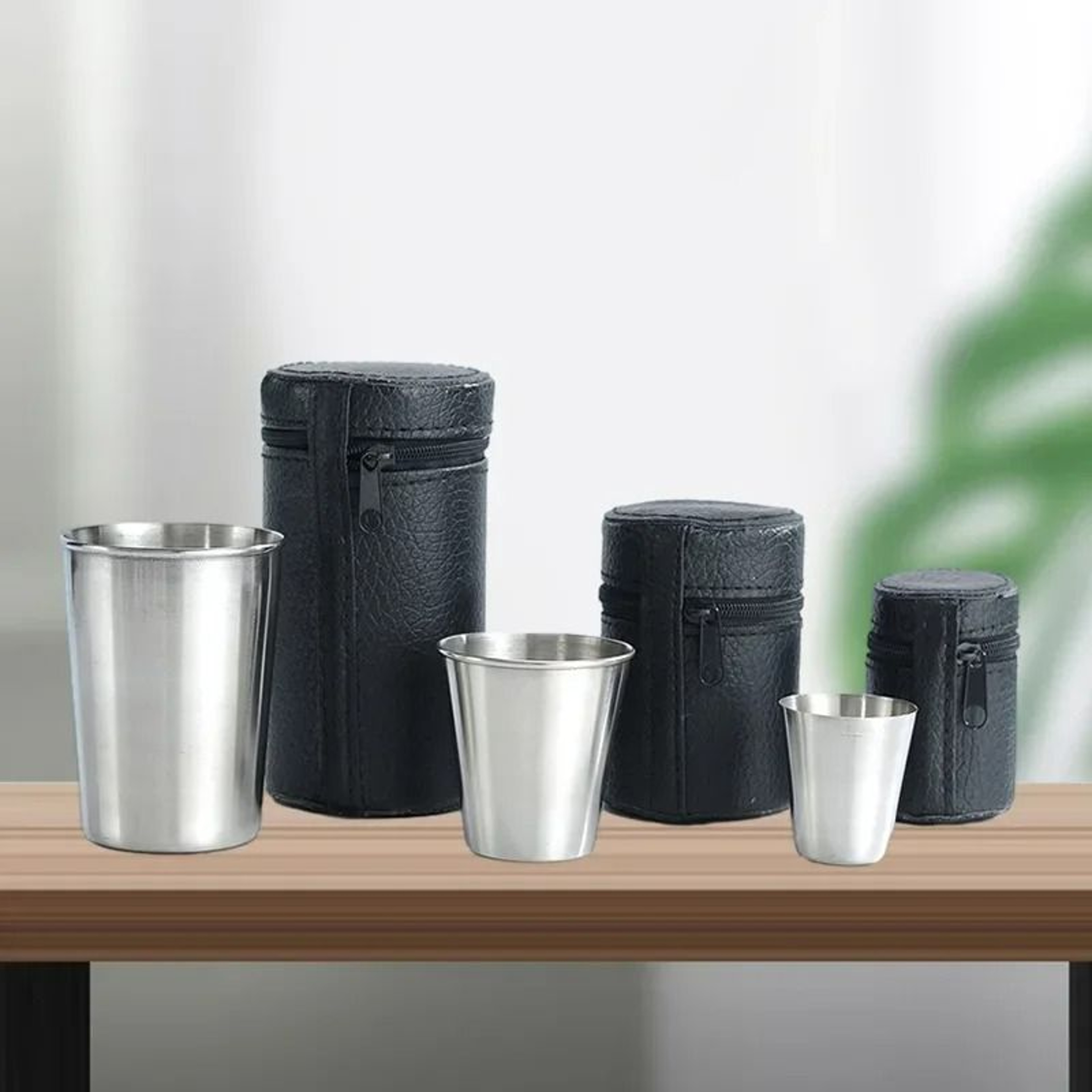 4Piece Portable Stainless Steel Mini Travel Cup Set With Leather Case 1