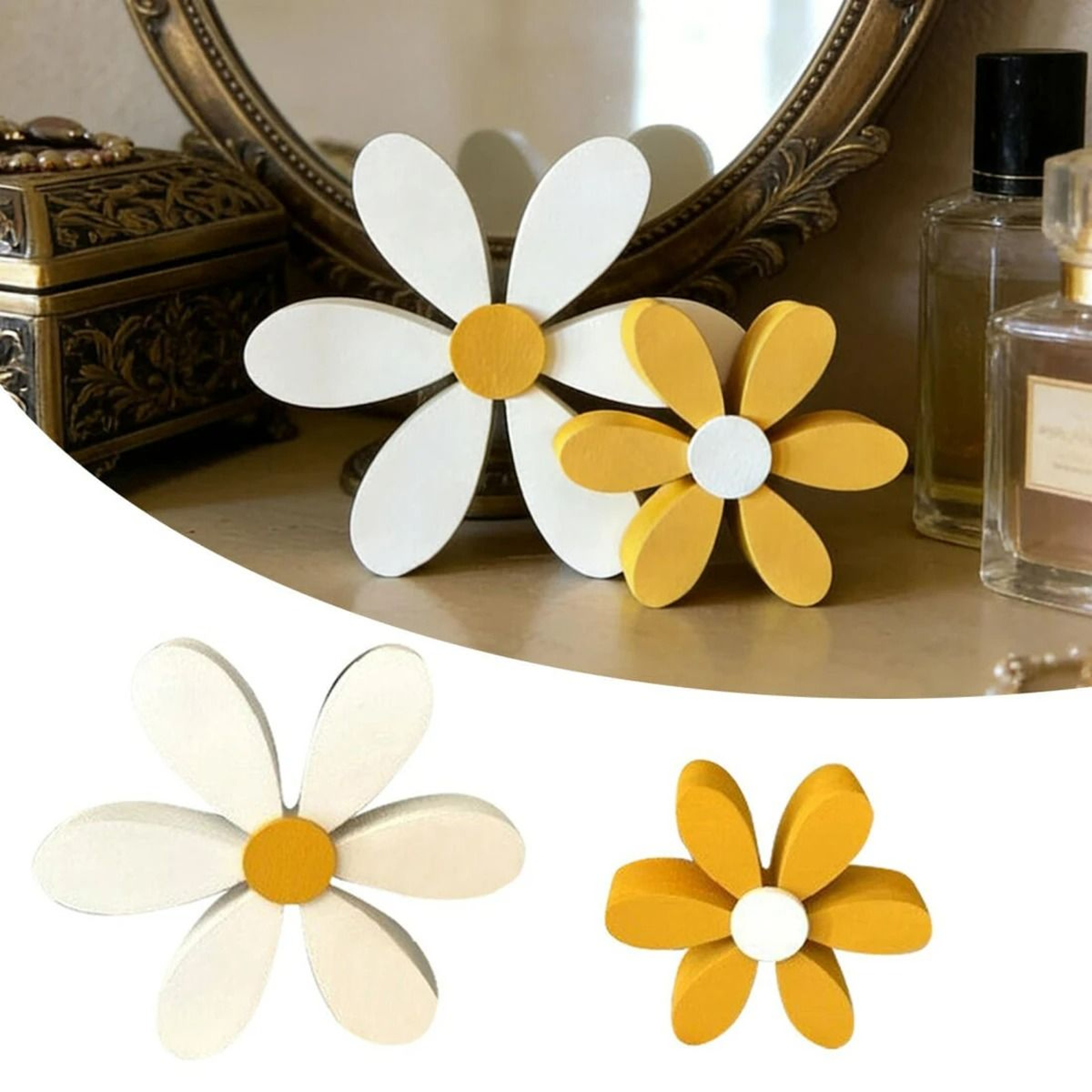 2 Piece Spring Wooden Daisy Desktop Ornaments For Floral Party Decor 4
