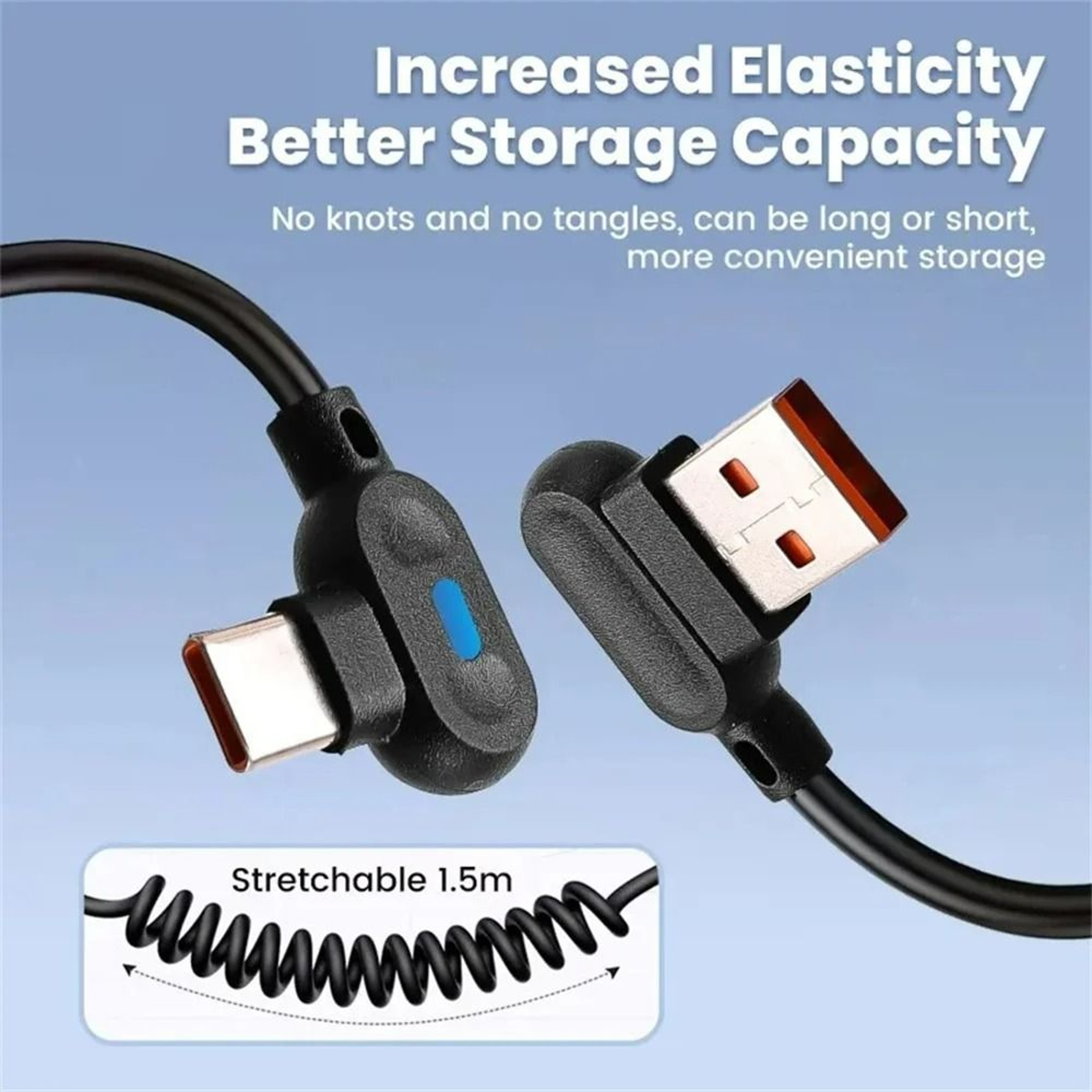 6A Dual Elbow 90Degree Coiled Spring USB To TypeC Fast Charging Cable 2