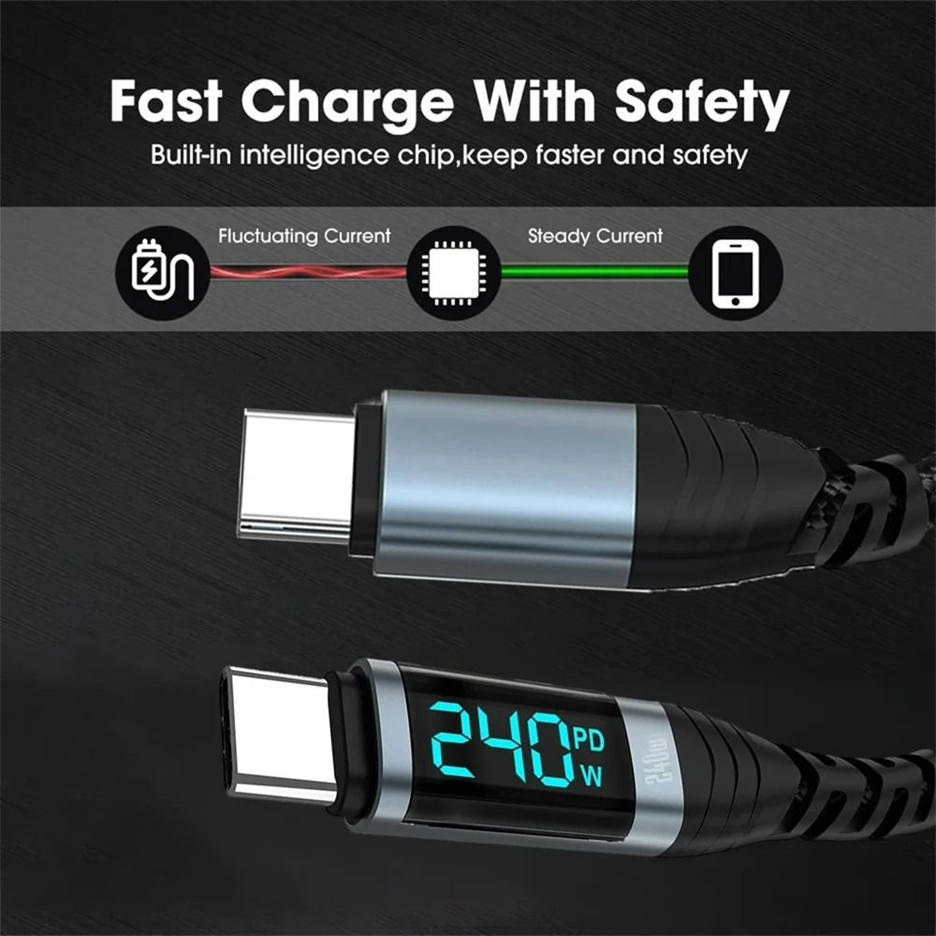240W Digital Display USB C Fast Charging Cable Ultra High Speed Type C Data Cord 2