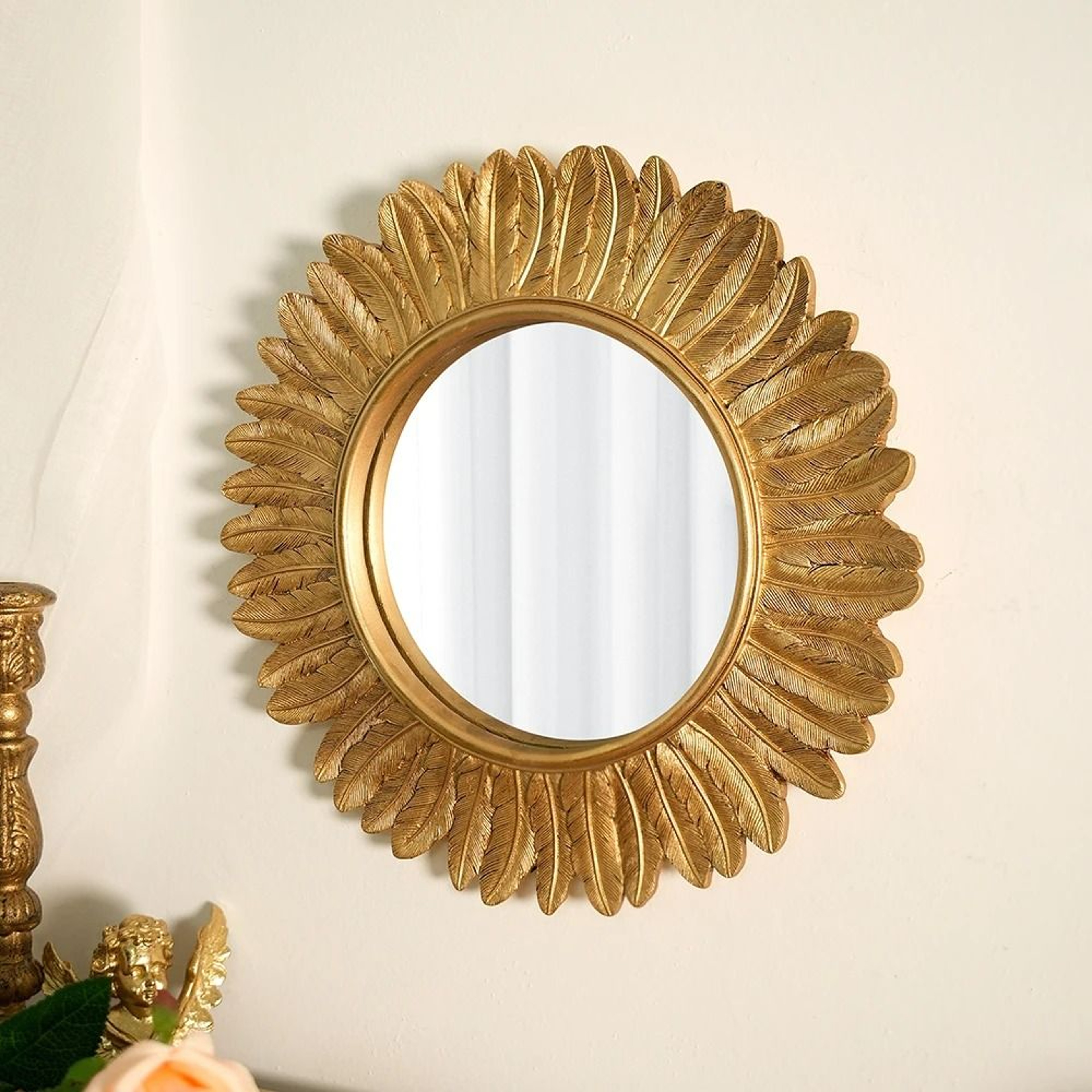 Vintage Gold Feather Round Resin Sunburst Wall Mirror 2