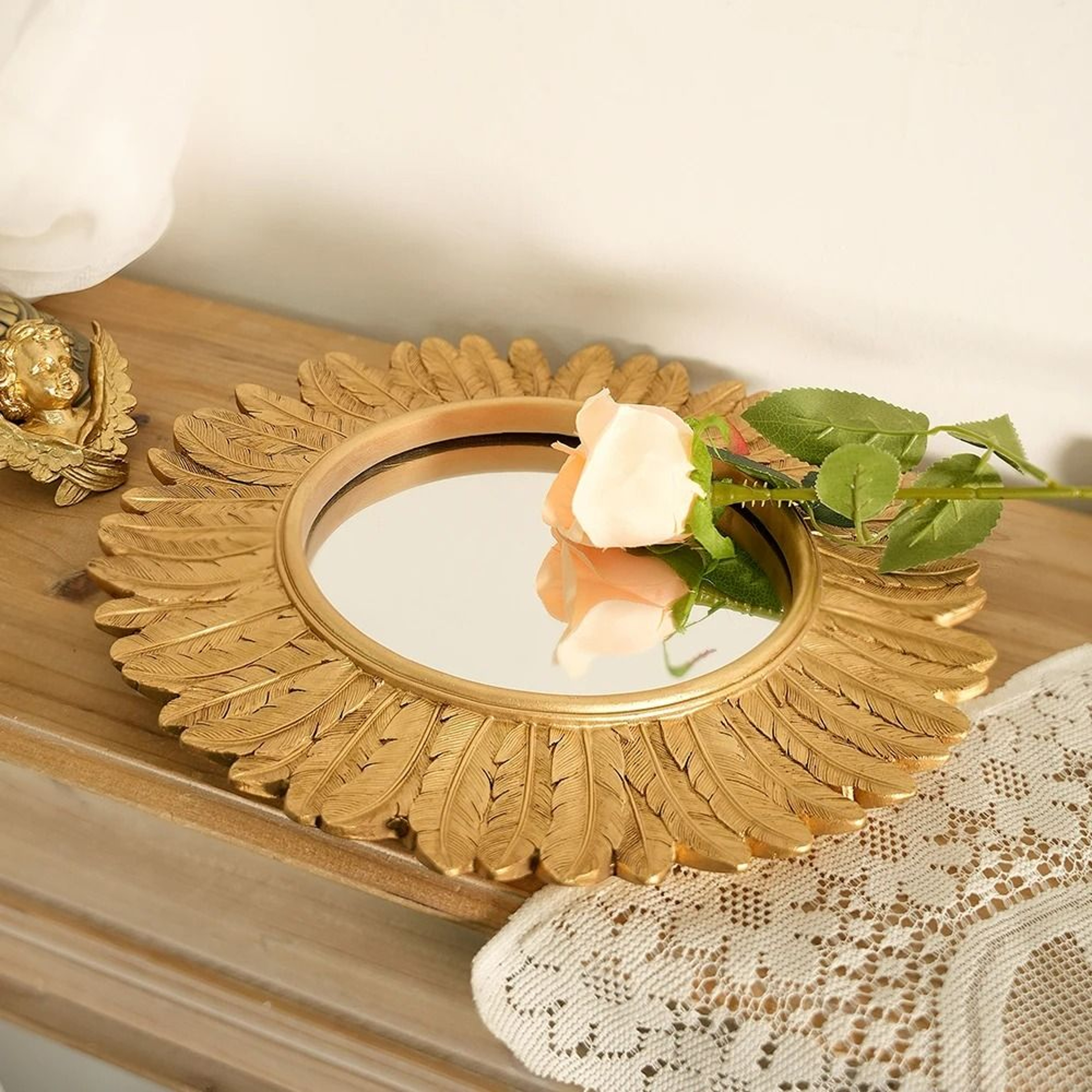 Vintage Gold Feather Round Resin Sunburst Wall Mirror 3